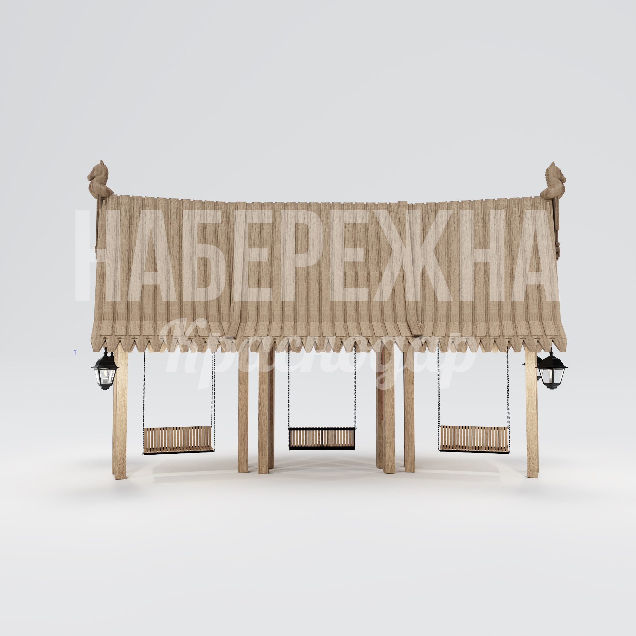 Парклет Yulåb с качелями — купить, ART-25.006 | Набережна Парклет Yulåb с качелями 6680x10500x6500 мм. ART-25.006 Парклет с тремя качелями и навесом, декоративными фонарями и резными элементами для зон отдыха и парков.