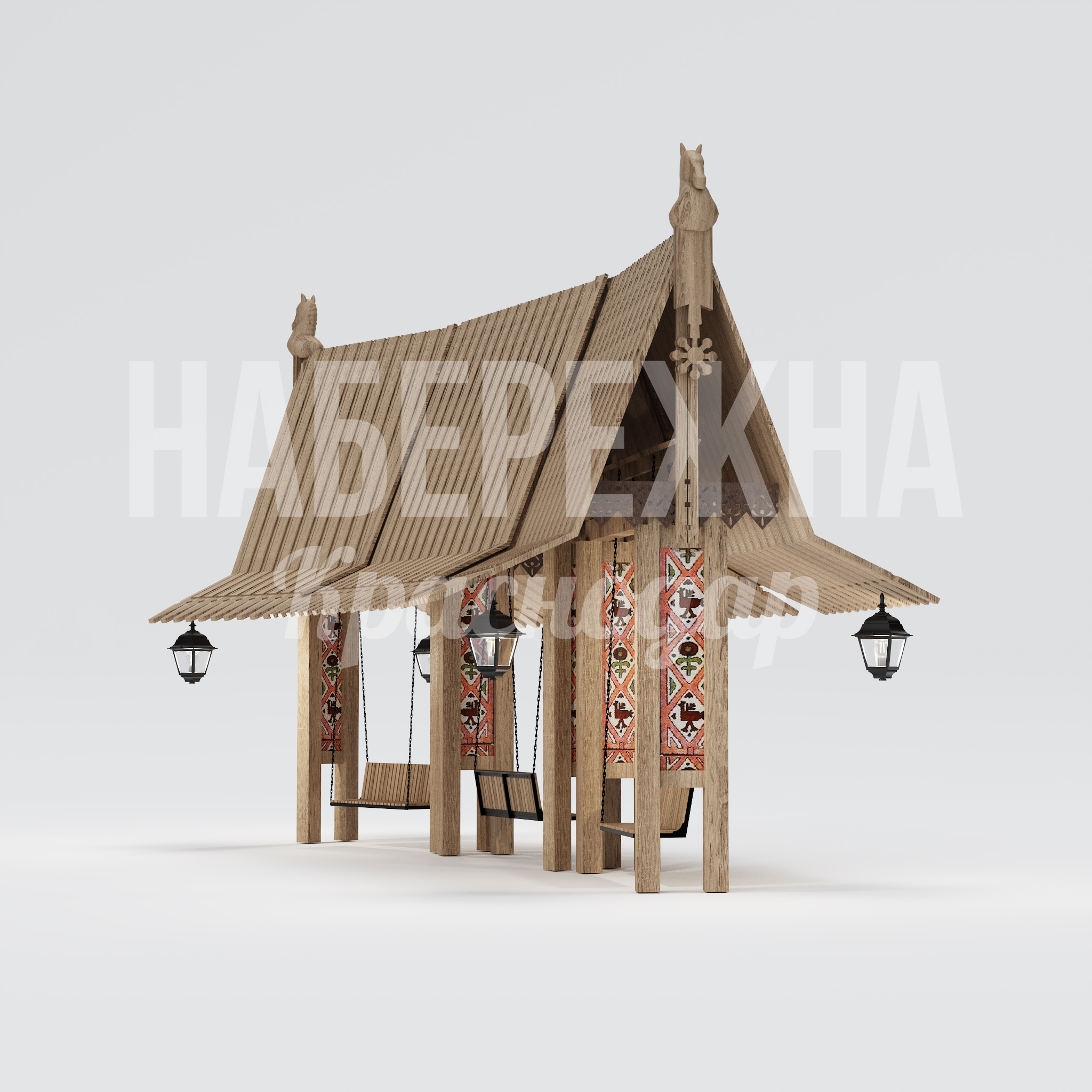 Парклет Yulåb с качелями — купить, ART-25.006 | Набережна Парклет Yulåb с качелями - купить, 6680x10500x6500 мм, Дерево, Подсветка