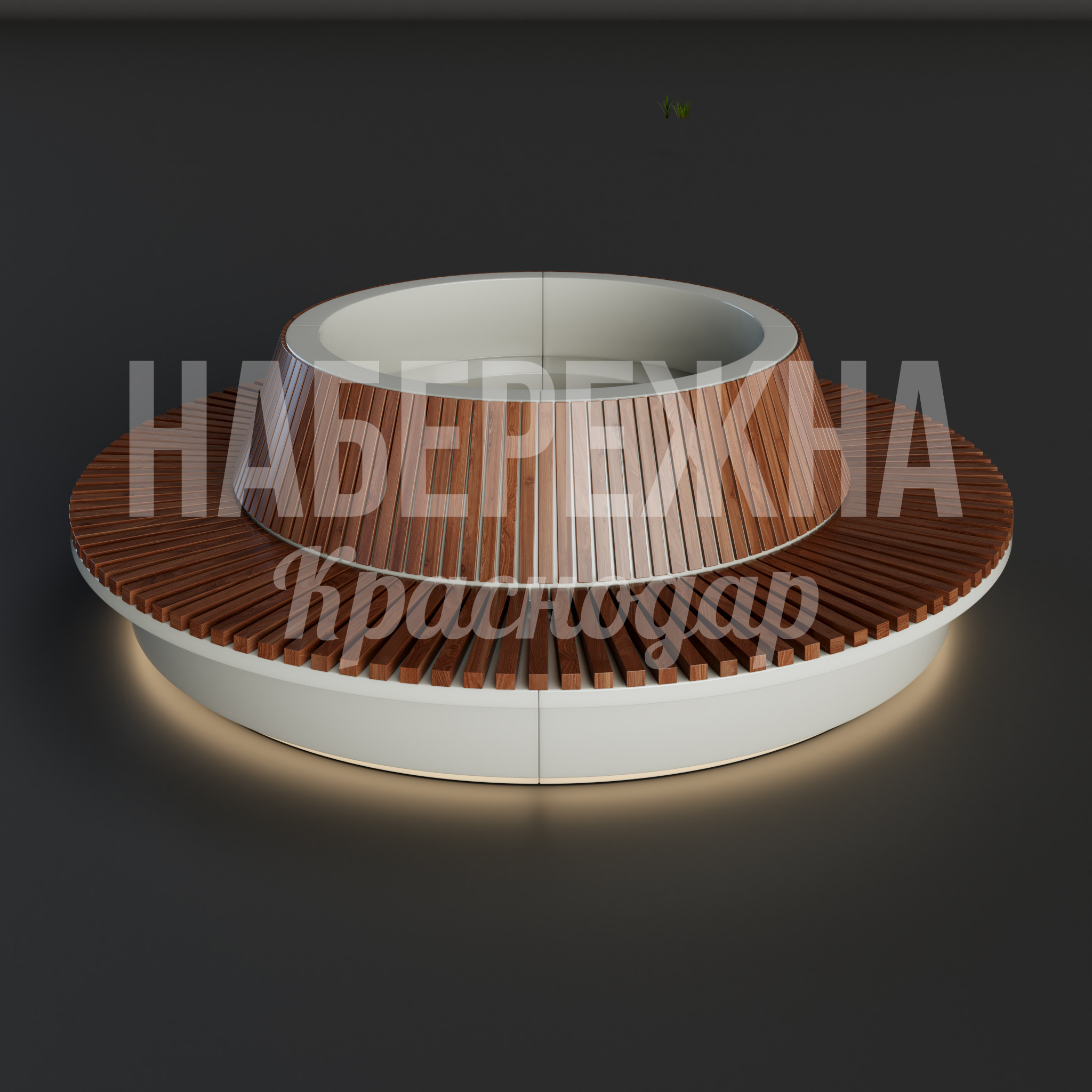Лавочка Mörnic 3000x3000x860 мм. ASK-22.100-4 Круглая лавочка с деревянным настилом и встроенной подсветкой. Вместительная зона отдыха для парков и площадей.