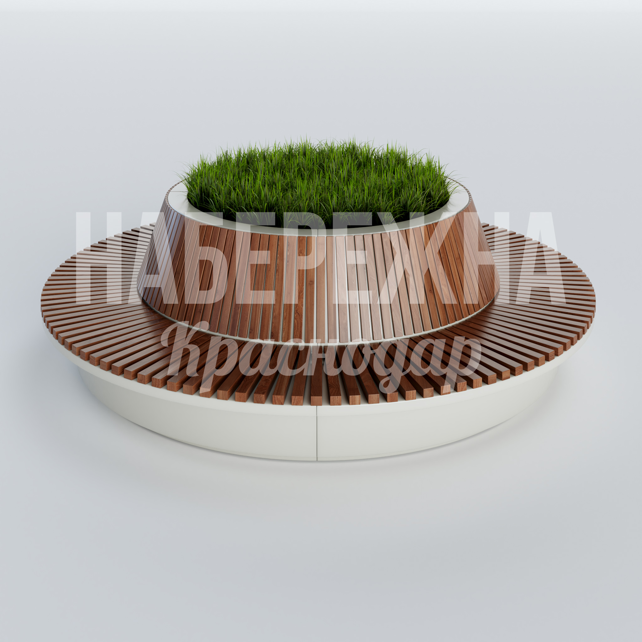 Круговая скамья Rumku 3000x3000x900 мм. ASK-22.100-6 Круговая скамья с встроенным кашпо и деревянными ламелями. Объединяет зону отдыха и озеленение в одной конструкции.