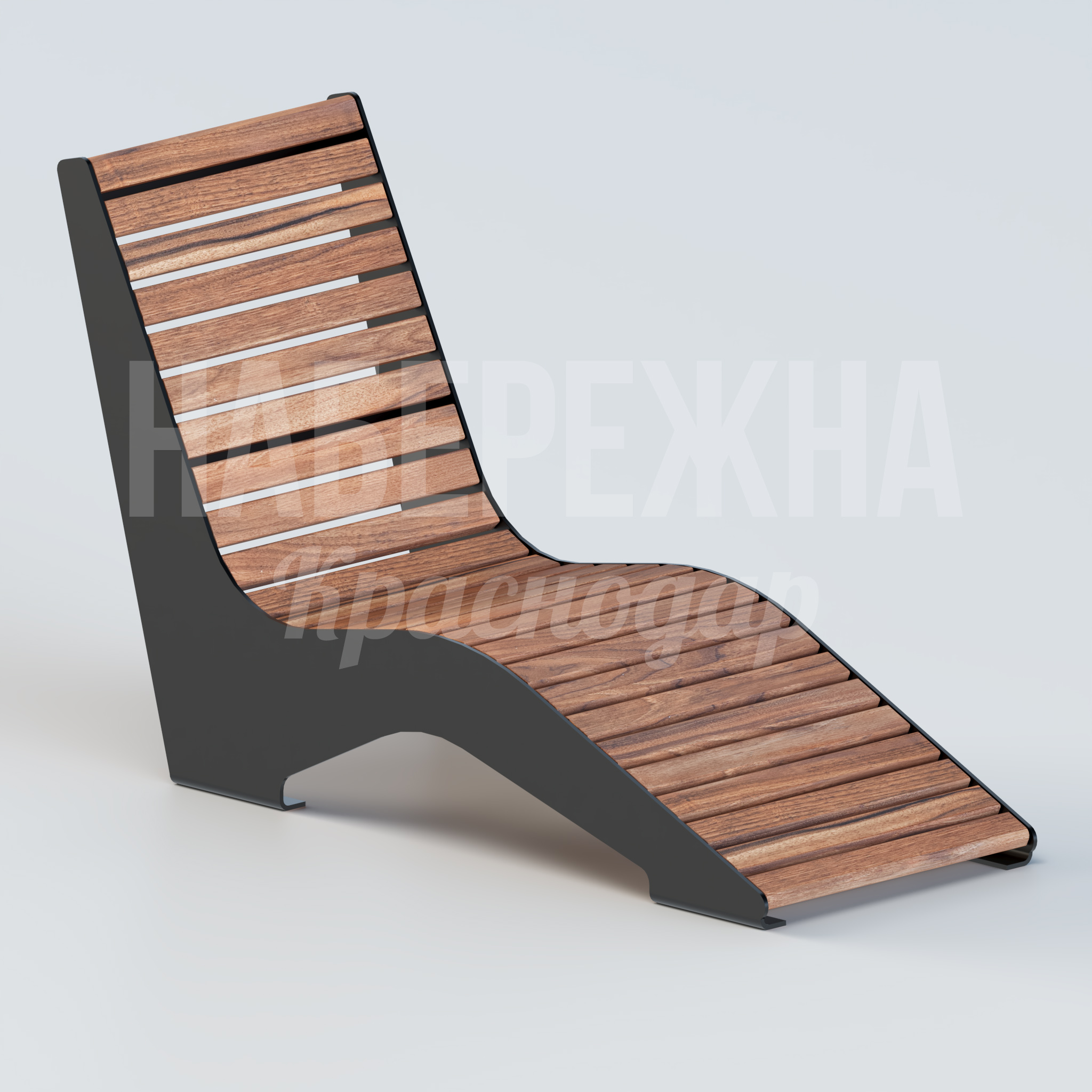 Шезлонг Omtu 616x1600x1000 мм. MAF-22.001 Шезлонг с эргономичной конструкцией из металлокаркаса и деревянных планок для зон отдыха парков и набережных.
