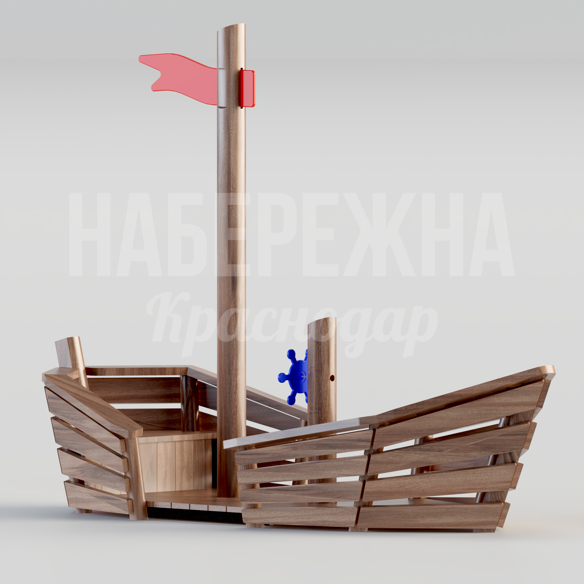 Кораблик Taymaefbu 1560x3800x2650 мм. MAF-22.081 Игровой комплекс в форме корабля с мачтой и штурвалом. Развивает воображение детей, создаёт яркую зону отдыха.