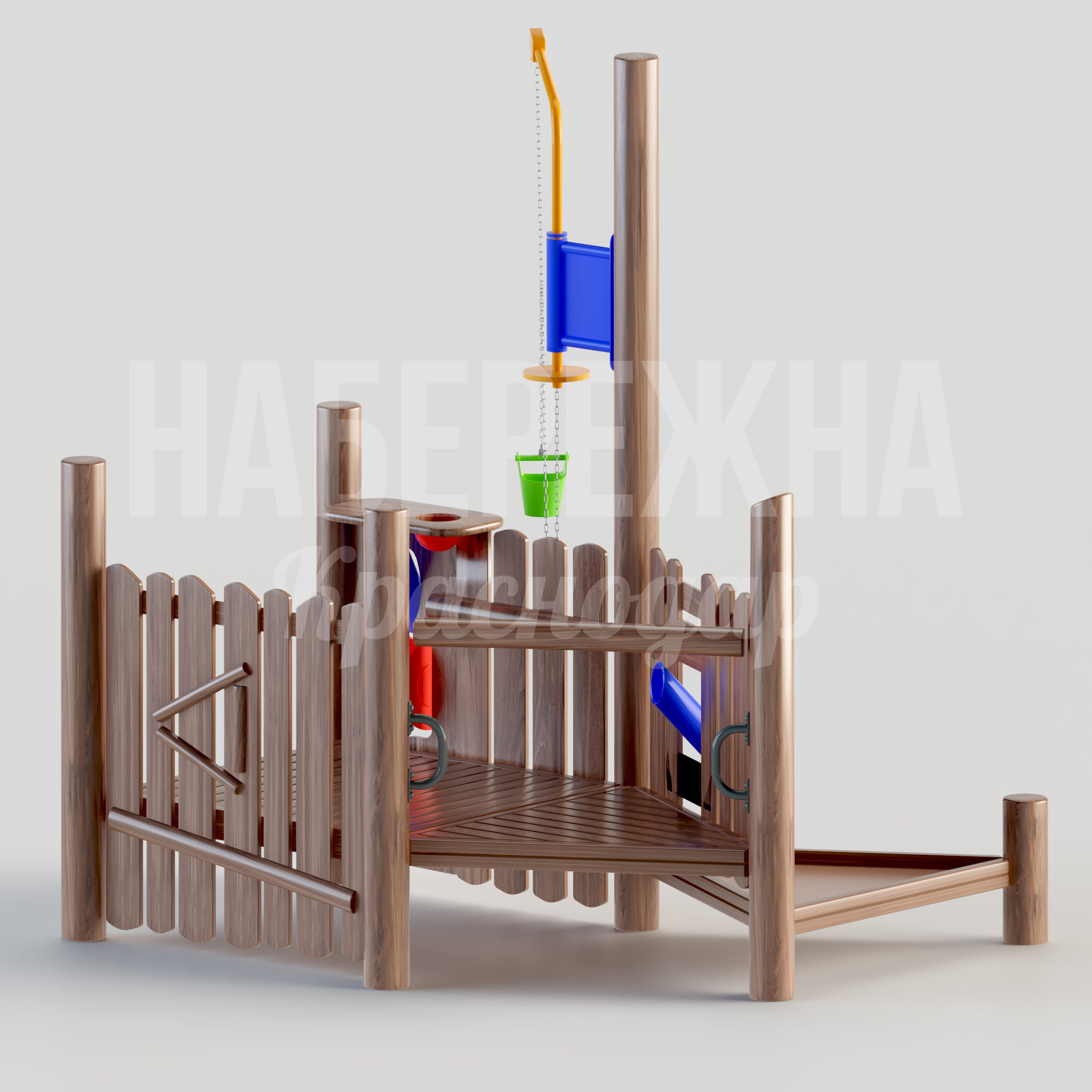 Комплекс игры в песочнице Omkiuc 2275x3400x3000 мм. MAF-22.083 Игровой комплекс для песочниц с двухъярусной площадкой, лестницей и цепными подъёмниками для развития детей.