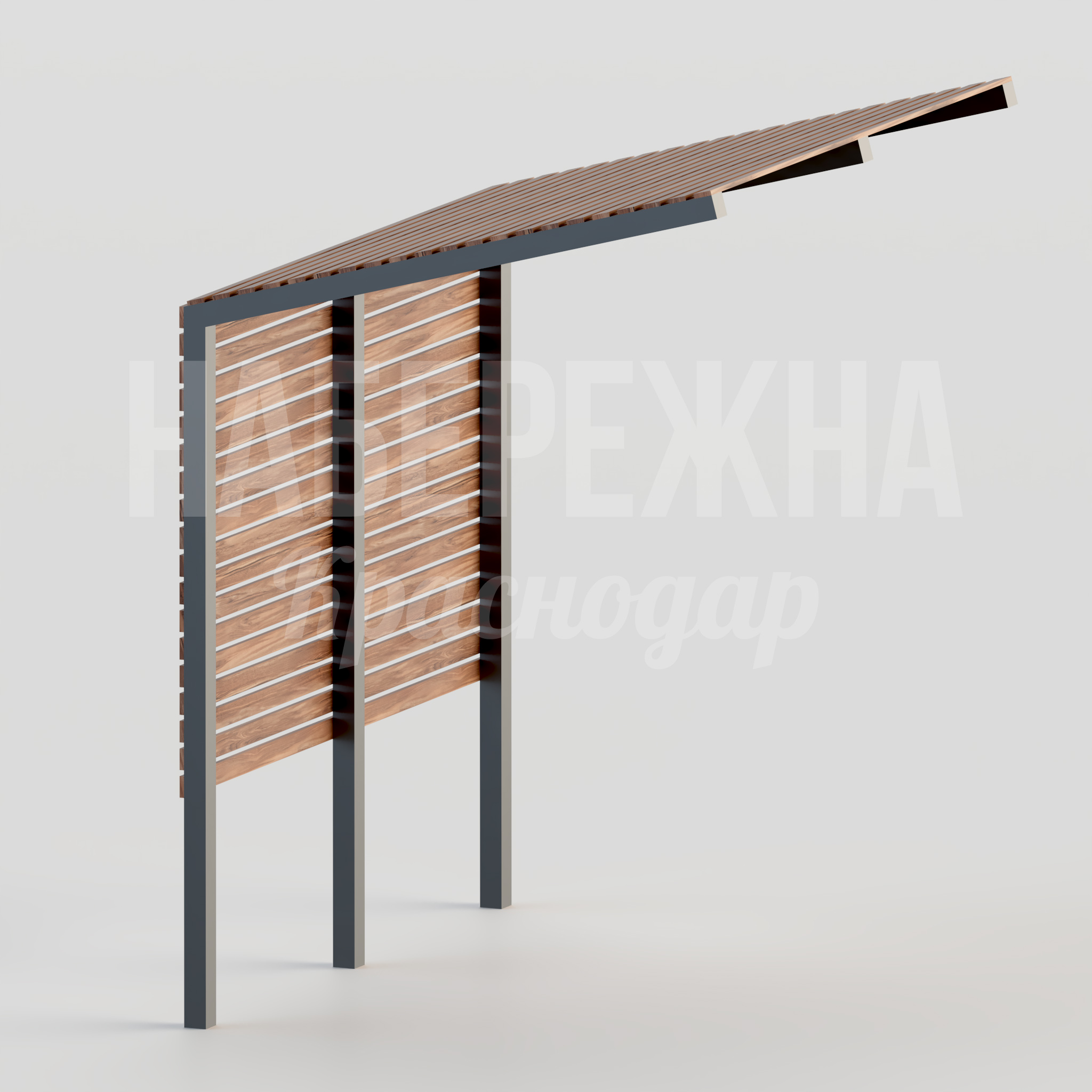 Пергола Bucu 2500x3000x3650 мм. MAF-22.091 Пергола с наклонным навесом и декоративными панелями. Защита от солнца, зонирование пространства в парках и дворах.