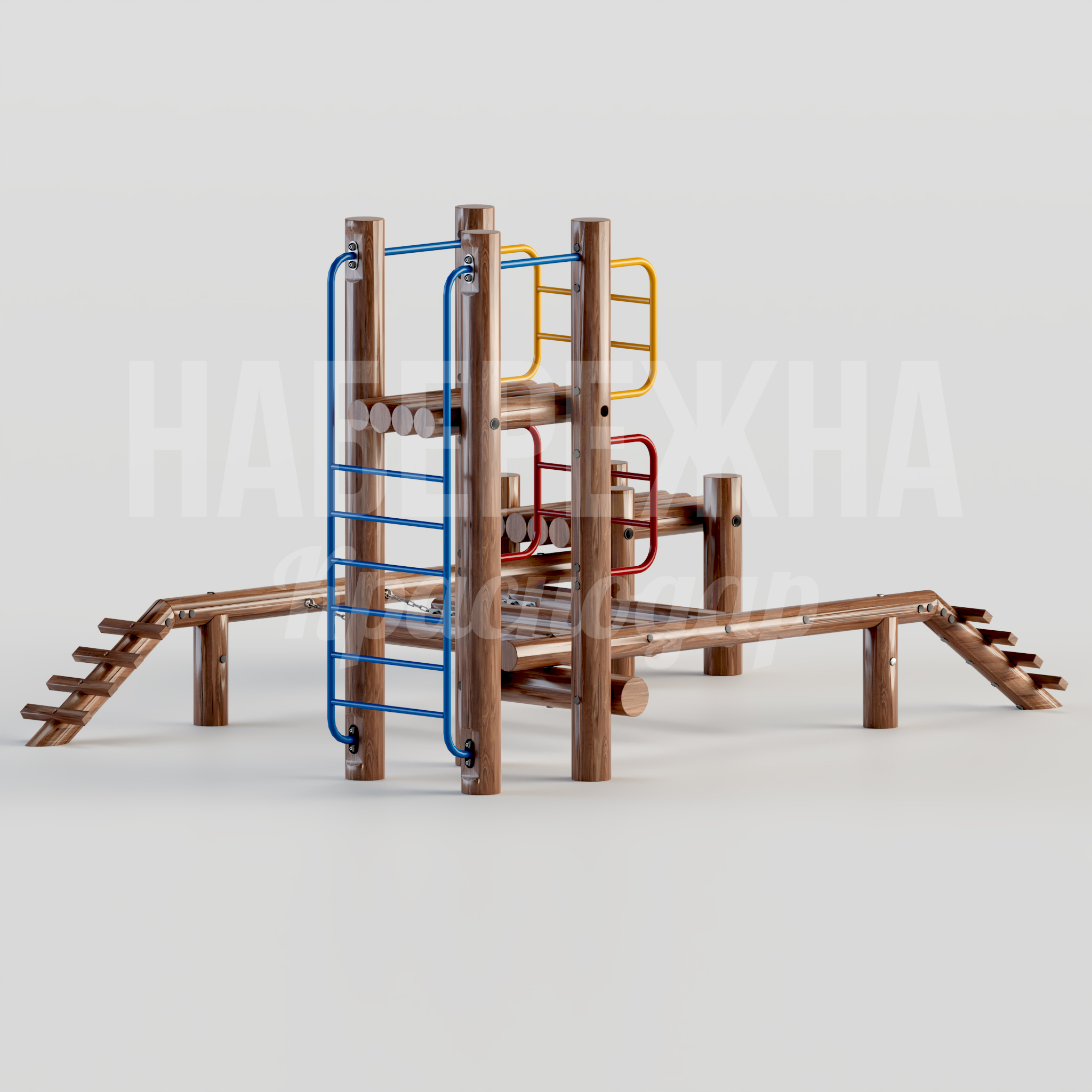 Игровой комплекс Ruudai 6465x6465x5979 мм. MAF-22.103 Игровой комплекс с лестницами, рукоходами и балансирами для детских площадок. Выдерживает интенсивную нагрузку круглый год.
