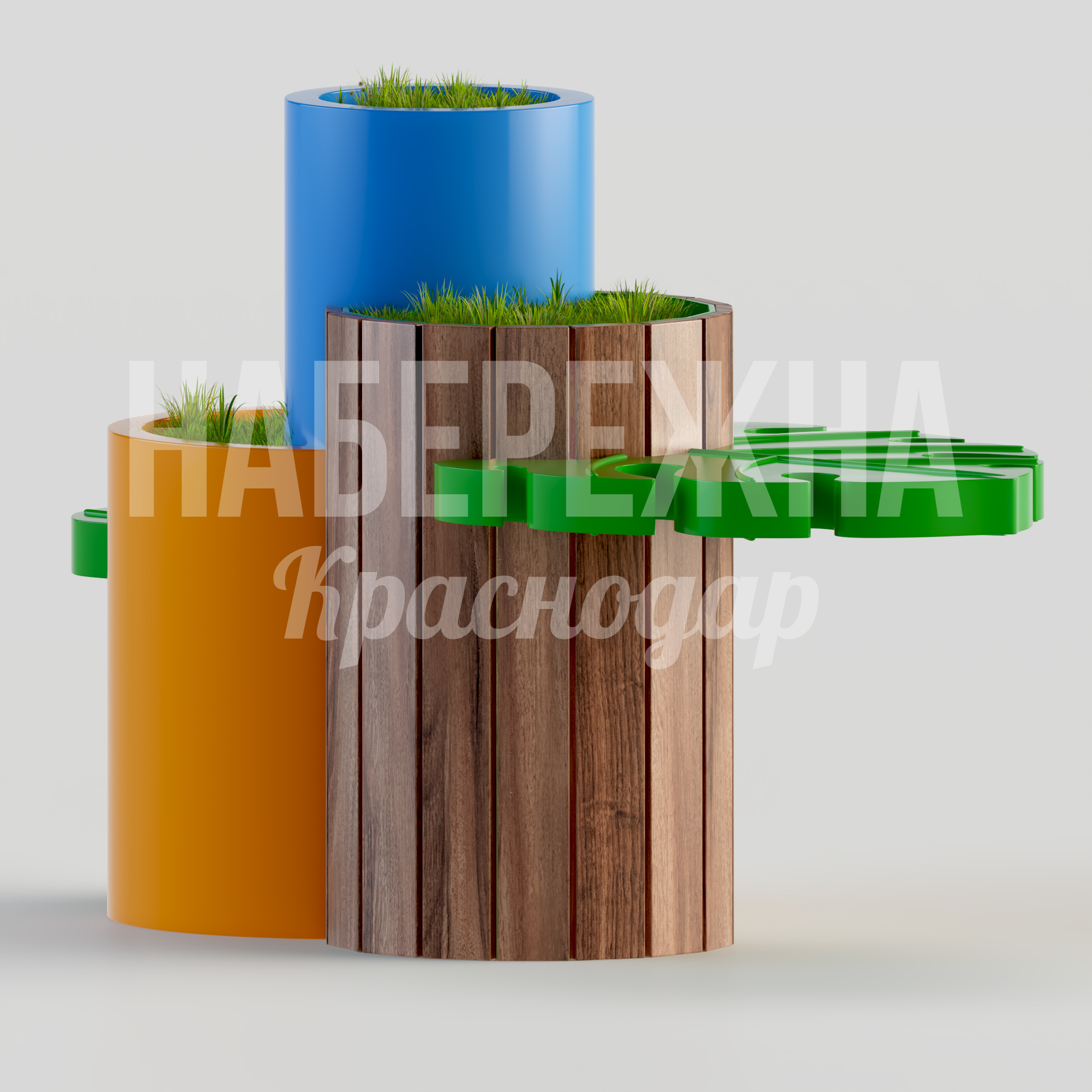 Цветочница Tekibve Monstera Plant 1150x2000x1250 мм. MAF-22.143 Цветочница с композицией из трёх кашпо разного размера. Яркая окраска по RAL и озеленение для благоустройства.