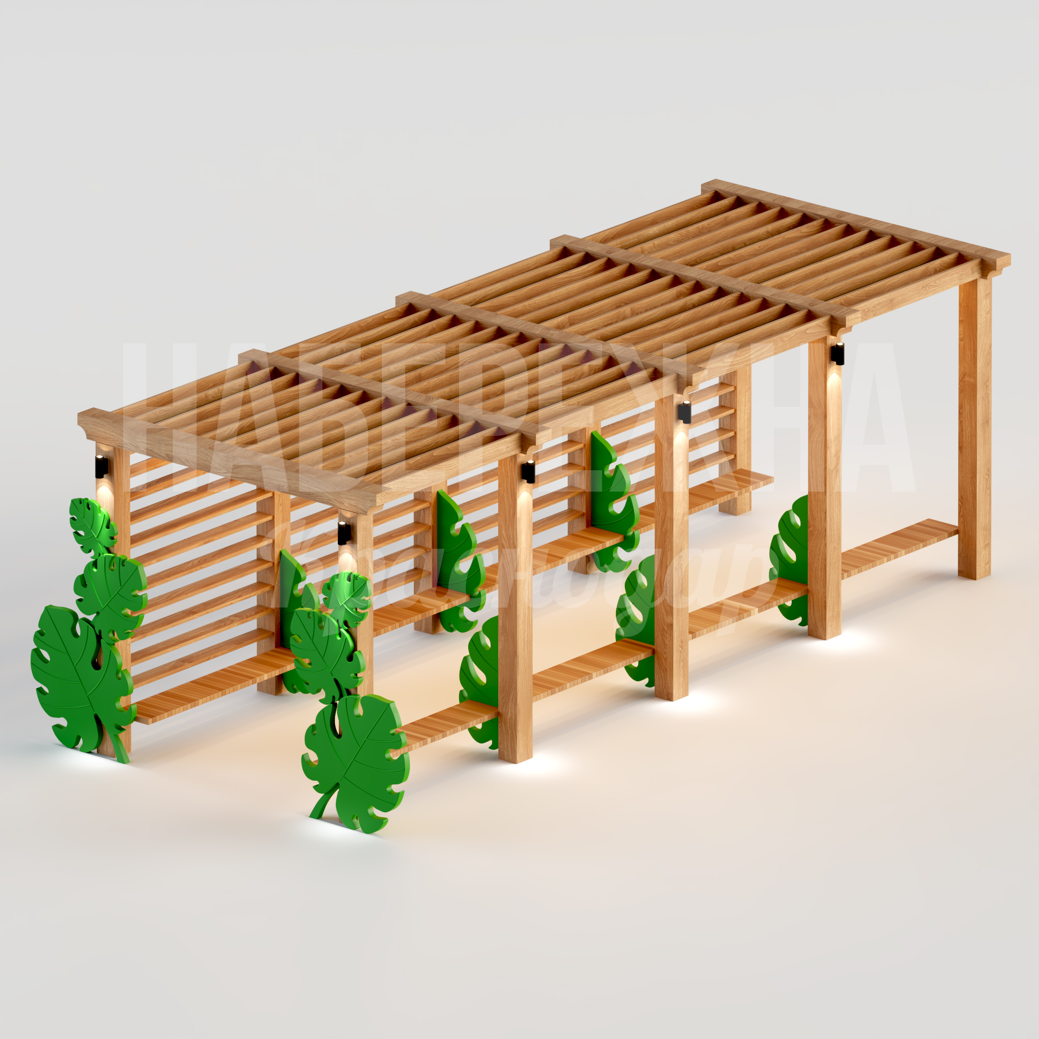 Пергола Tikiöte Monstera Plant 4600x8400x3000 мм. MAF-22.159 Пергола с ламельной кровлей и встроенной подсветкой. Декоративные элементы в виде тропических листьев для зон отдыха.