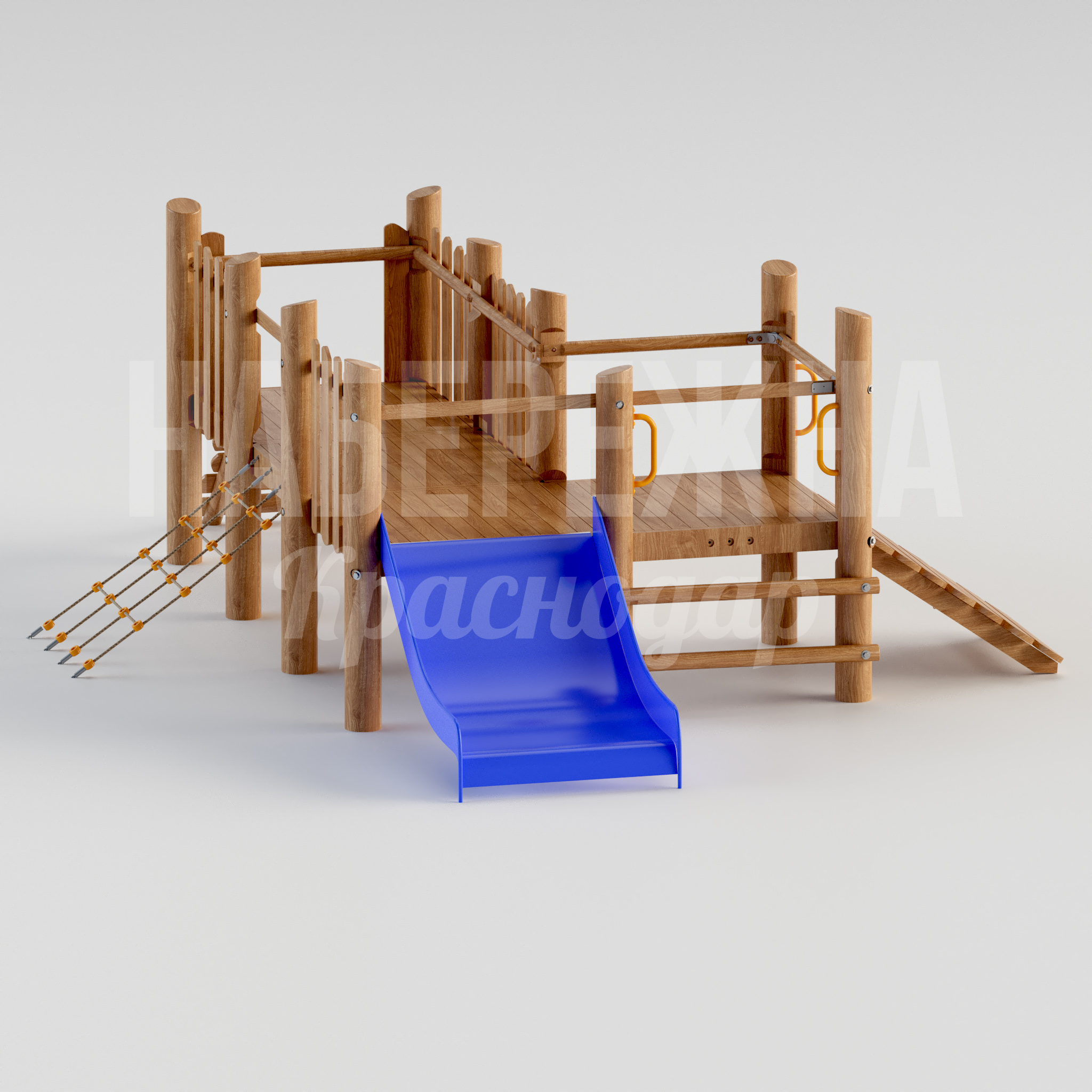 Игровая платформа Vivhu 7100x6789x1951 мм. MAF-22.180 Игровая платформа с горкой, канатным лазом и переходами для активного развития детей на площадках и в парках.