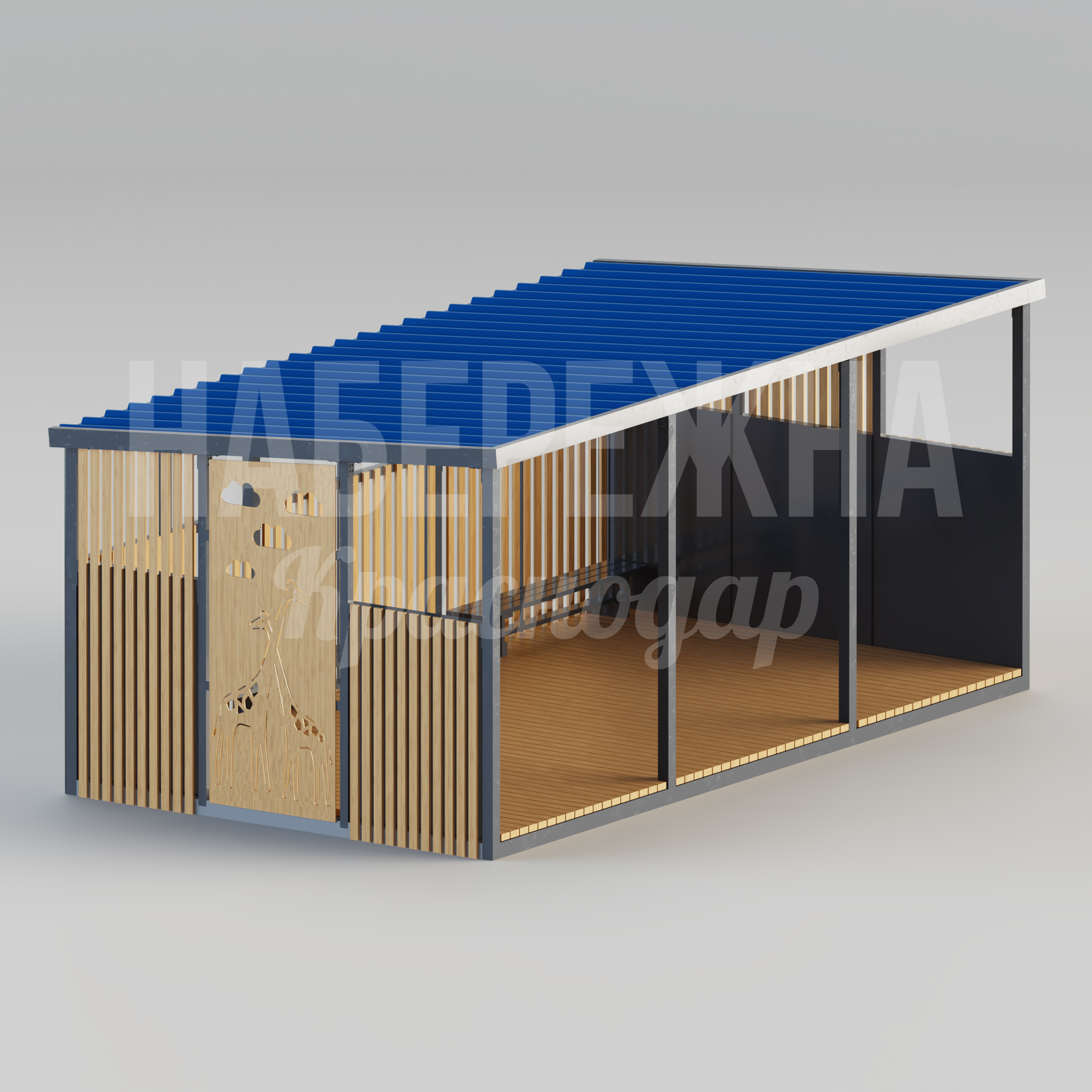 Веранда Fiipmum 3400x6000x2630 мм. MAF-22.205 Веранда с металлическим каркасом и деревянной отделкой. Защита от осадков, комфортная зона отдыха для посетителей.
