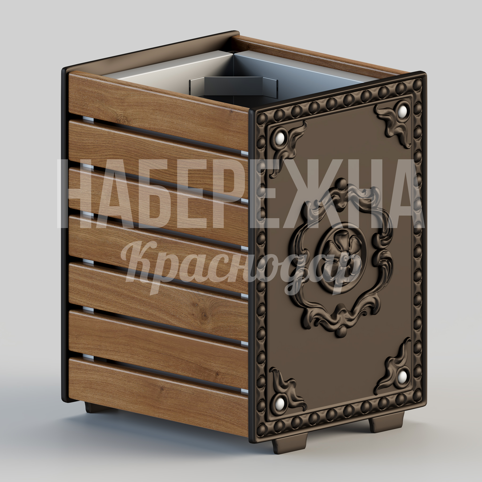Урна Gobgib 380x395x550 мм. MAF-22.214 Урна с декоративными металлическими панелями и деревянным каркасом, встроенный контейнер для раздельного сбора отходов.