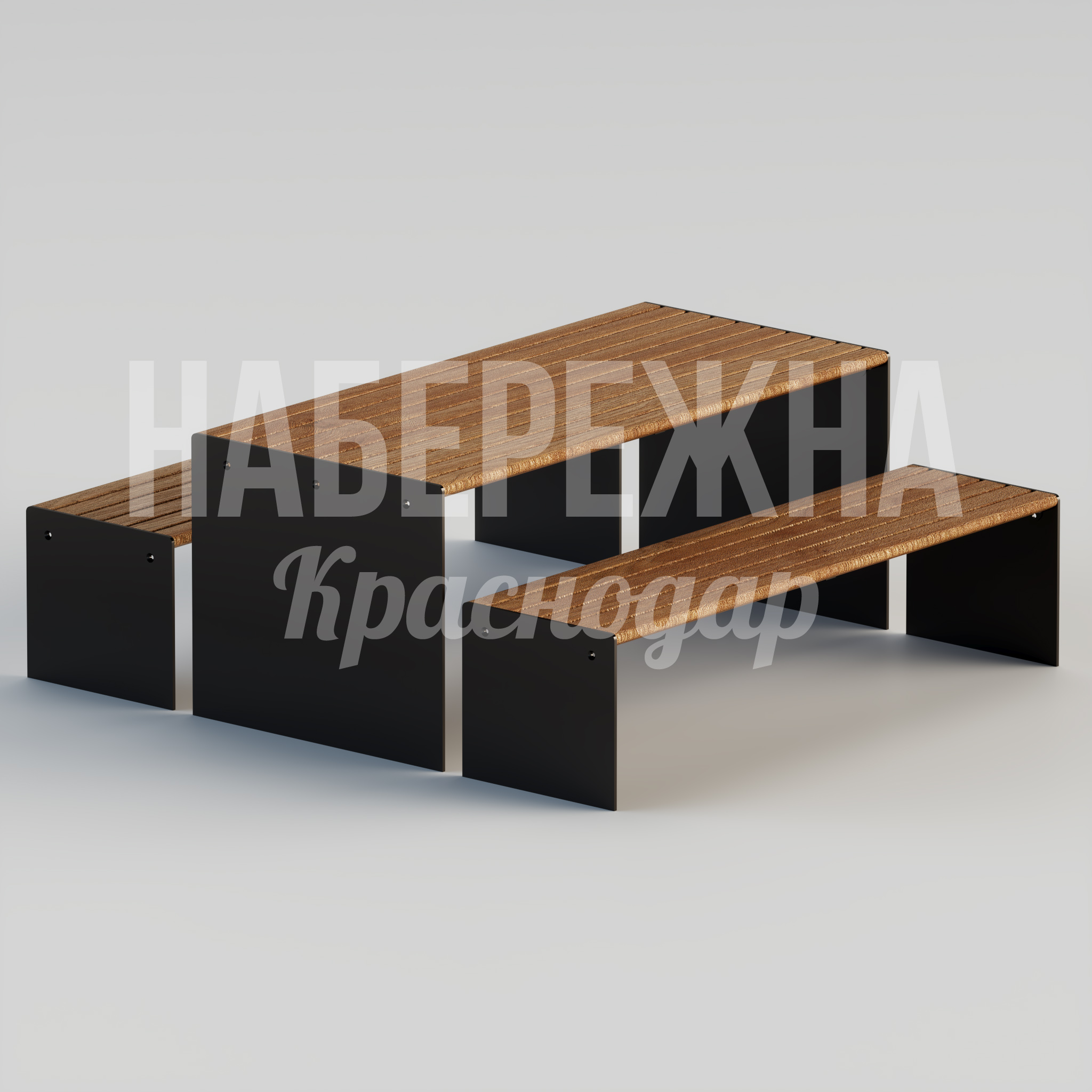 Стол Yucrokro 2000x1800x750 мм. MAF-22.242 Стол со скамьями из термообработанного дерева и металлического каркаса. Выдерживает высокие нагрузки, подходит для парков.