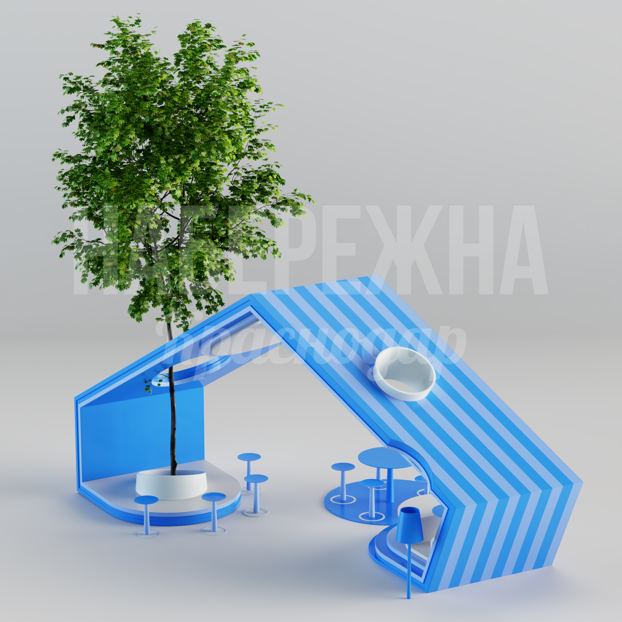 Арка пространство Fervo 6500x8870x4900 мм. MAF-22.267 Торговая арка с зонами отдыха и навесом. Многофункциональная конструкция для размещения торговых точек в парках.