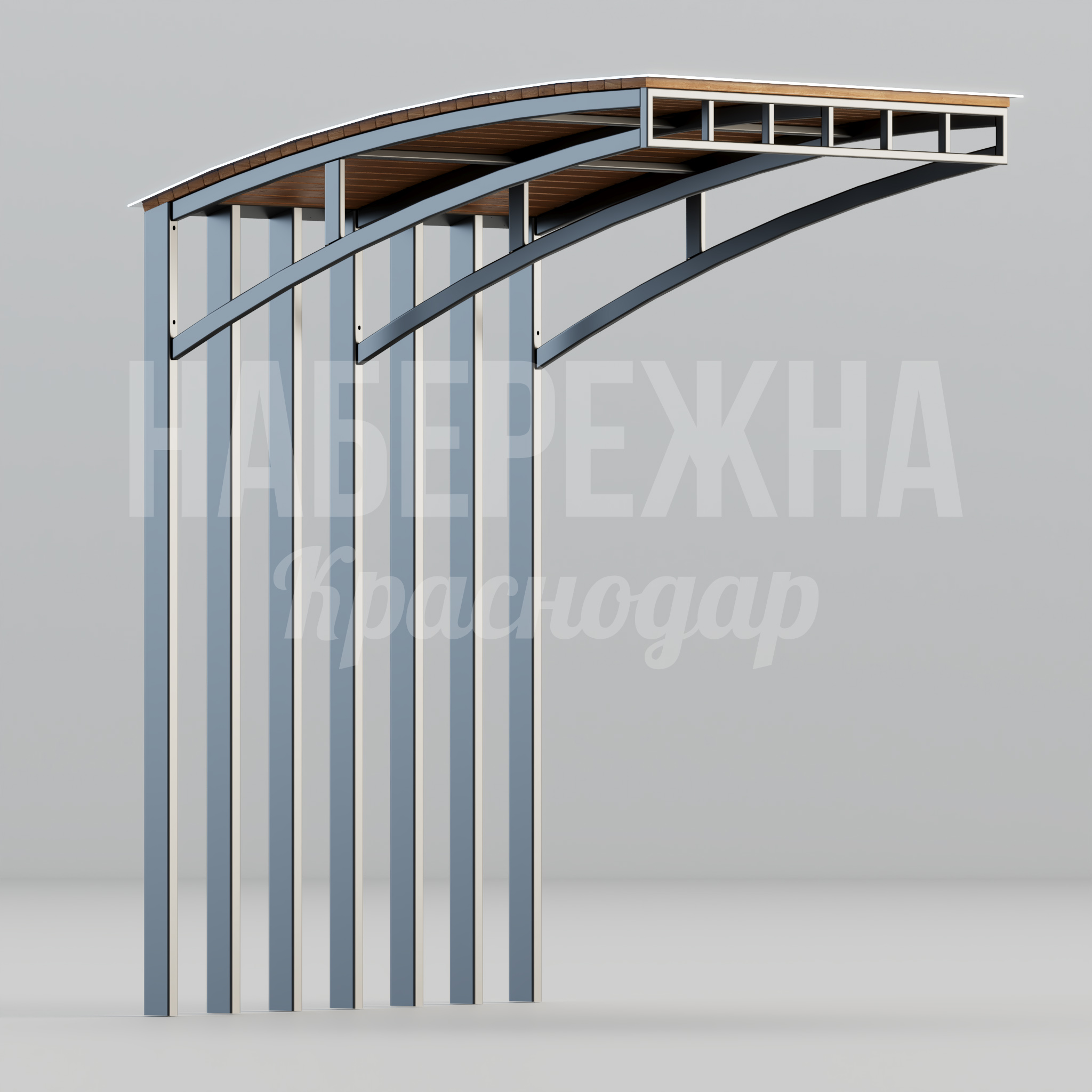 Пергола Gomgu 1950x2060x2850 мм. MAF-22.281 Пергола с арочной крышей и вертикальными планками. Защищает от солнца, создаёт комфортные зоны отдыха в парках.