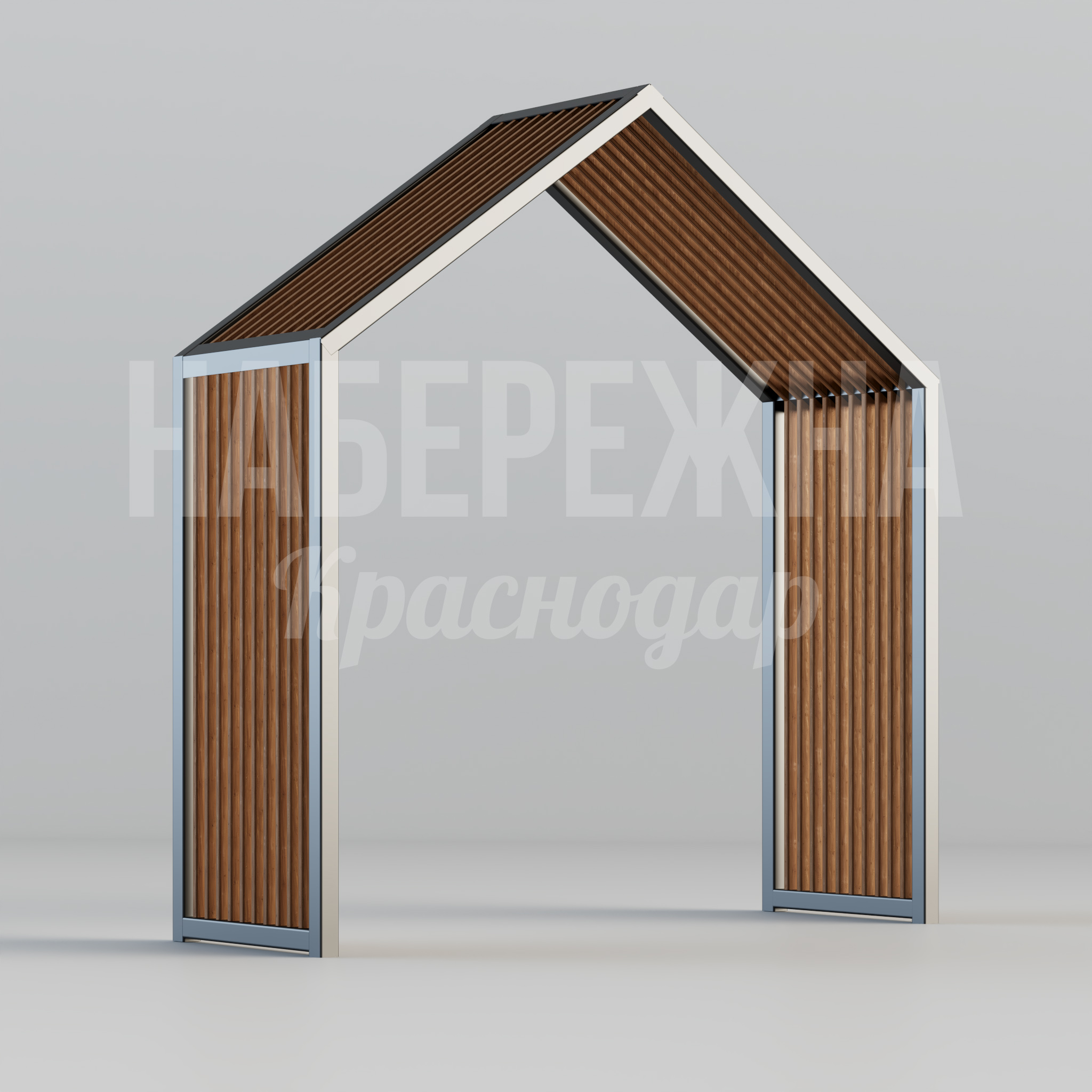 Пергола Möobpo 1000x2950x3200 мм. MAF-22.283 Пергола с двускатной крышей и деревянной облицовкой. Защита от солнца, зонирование пространства в парках и скверах.