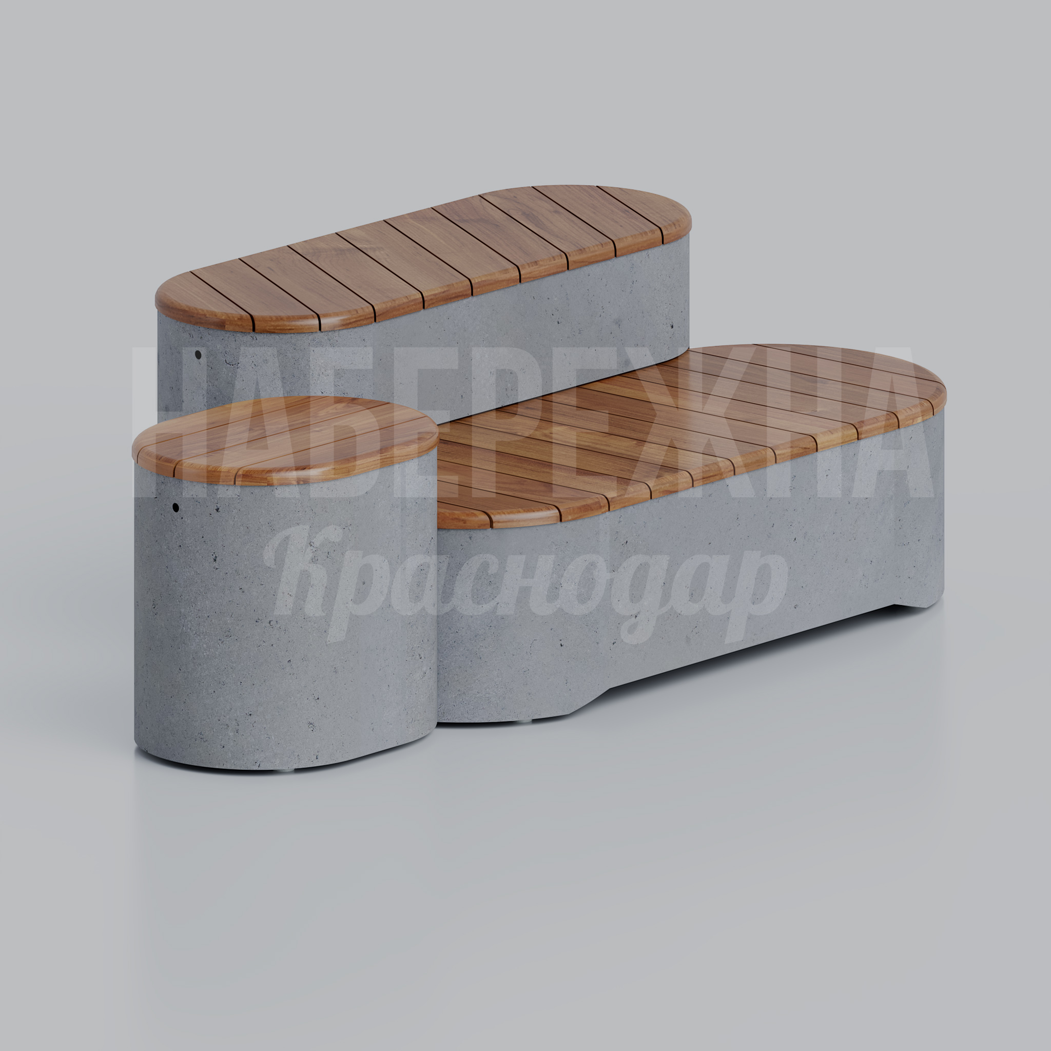 Скамейка Uunpa 1100x2100x700 мм. MAF-22.382 Скамейка с бетонным основанием и деревянными планками. Модульная конструкция из трёх элементов для зон отдыха.
