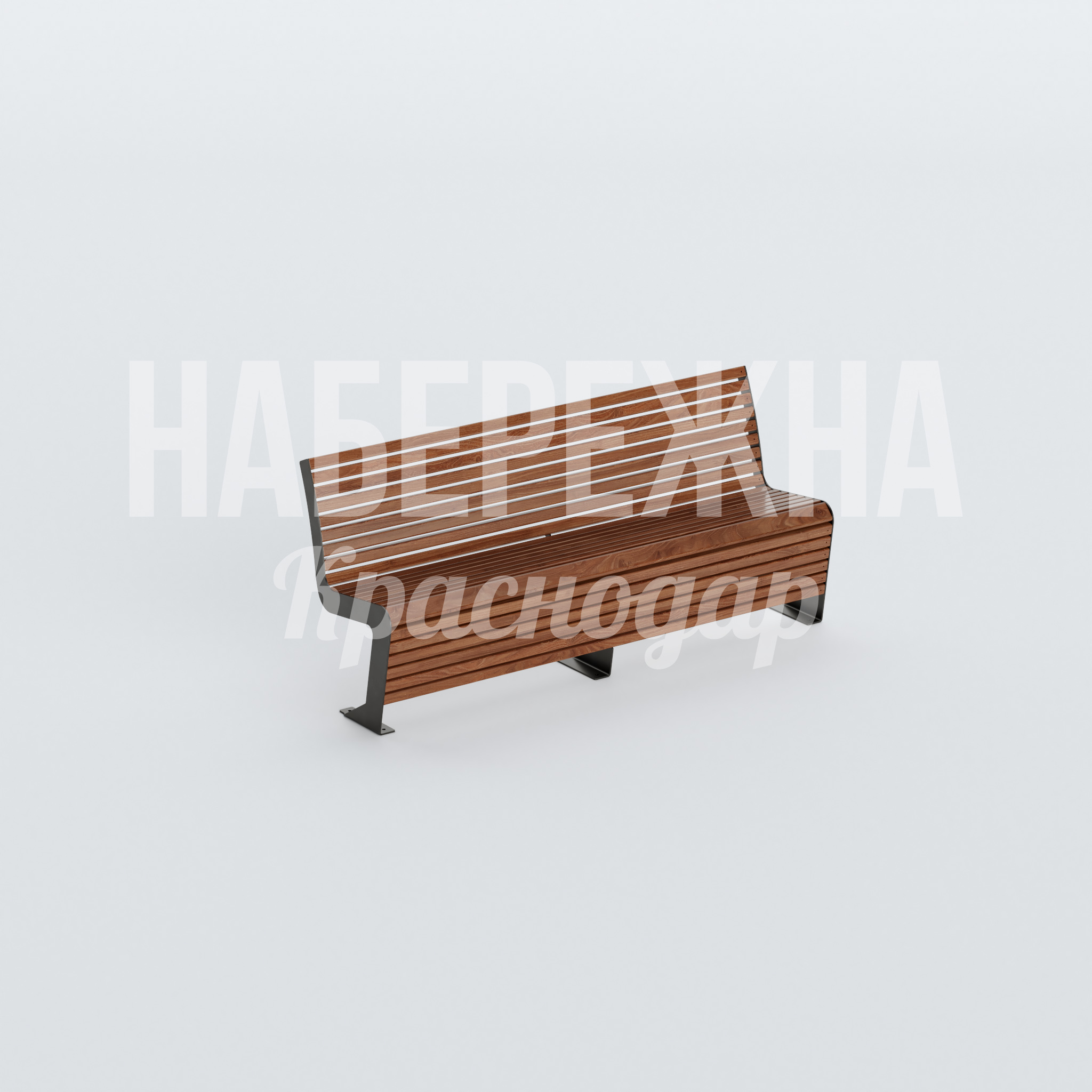 Скамейка Cuer 600x2000x850 мм. MAF-22.513 Скамейка со спинкой на металлокаркасе с ламелями из термообработанной древесины для парков и общественных зон.