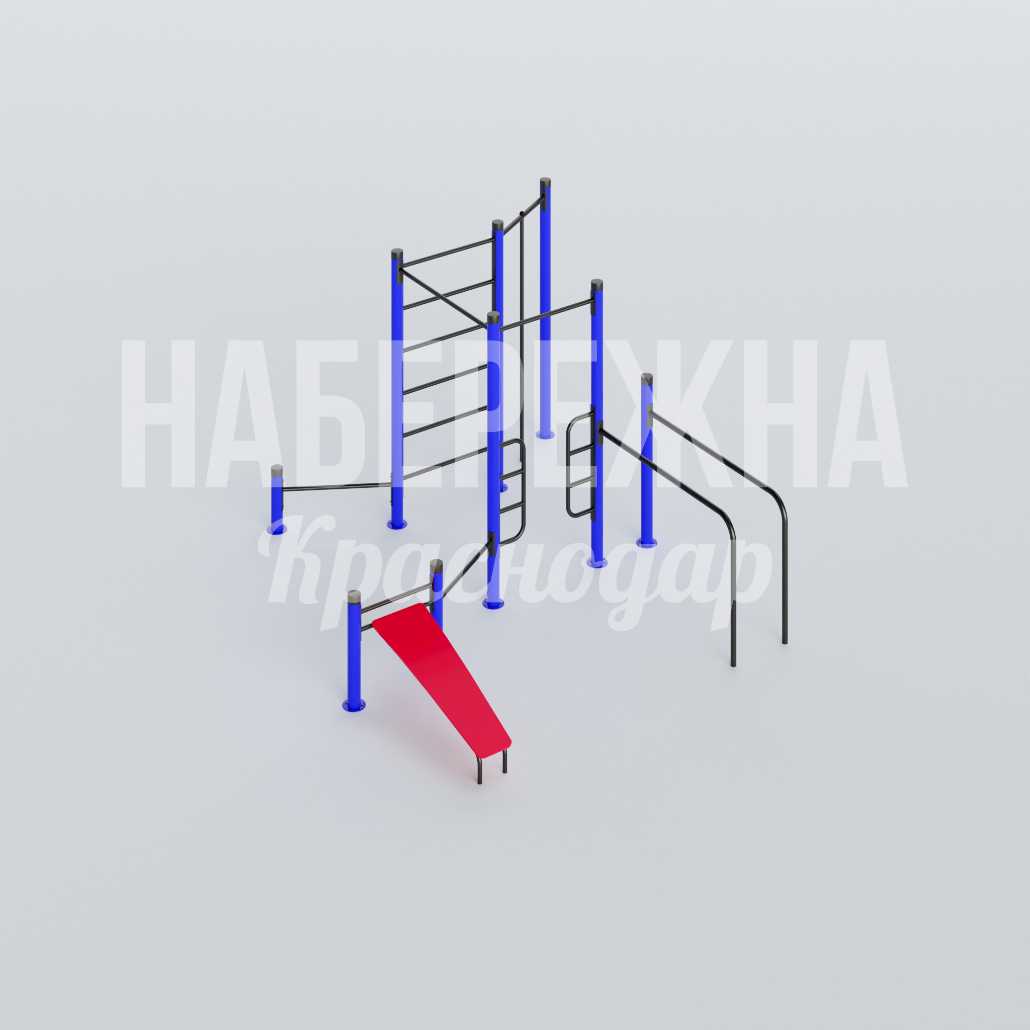 Спортивный комплекс Ducge 4150x3920x2460 мм. MAF-22.599 Воркаут-комплекс для развития силы и выносливости с элементами разной сложности, подходит для всех возрастных групп.