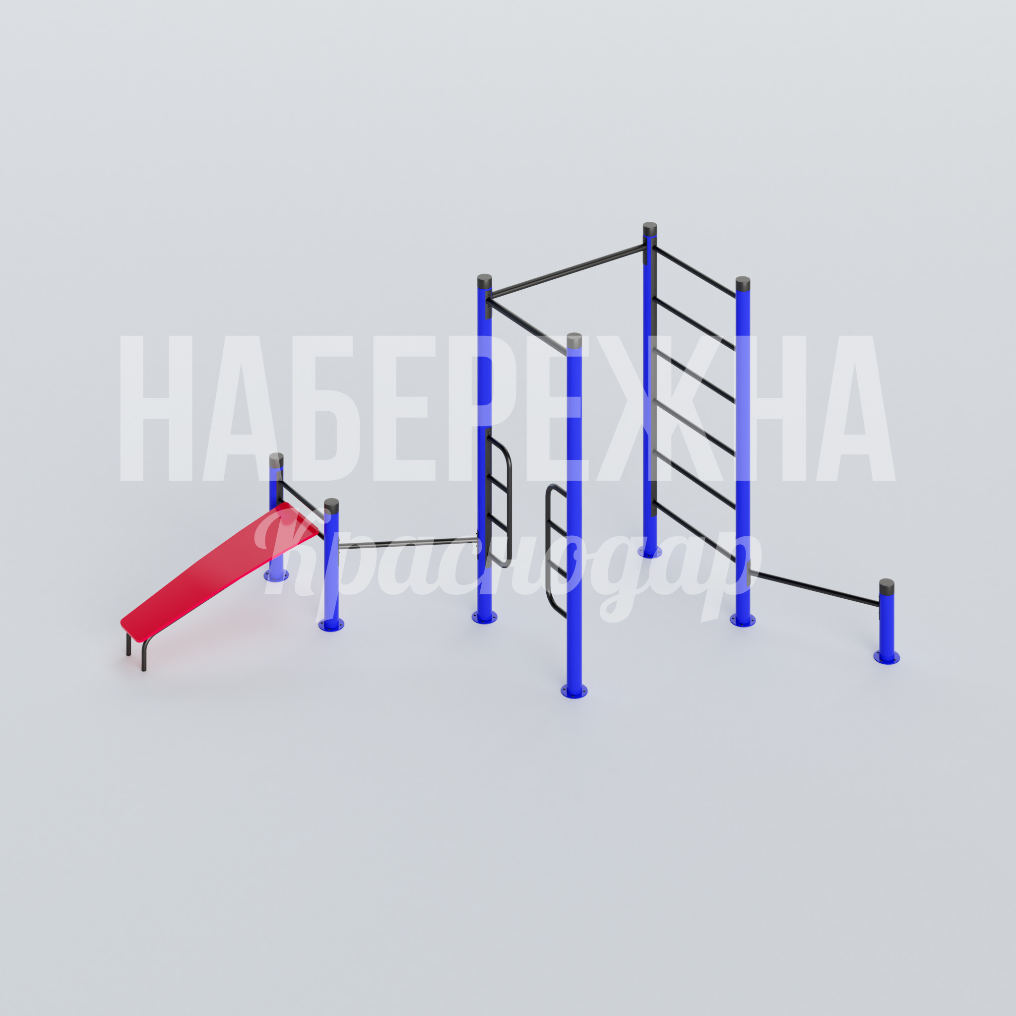 Спортивный комплекс Juefje 3550x4530x2460 мм. MAF-22.601 Воркаут-комплекс с рукоходом, брусьями и скамьей для пресса. Выдерживает интенсивные нагрузки круглый год.