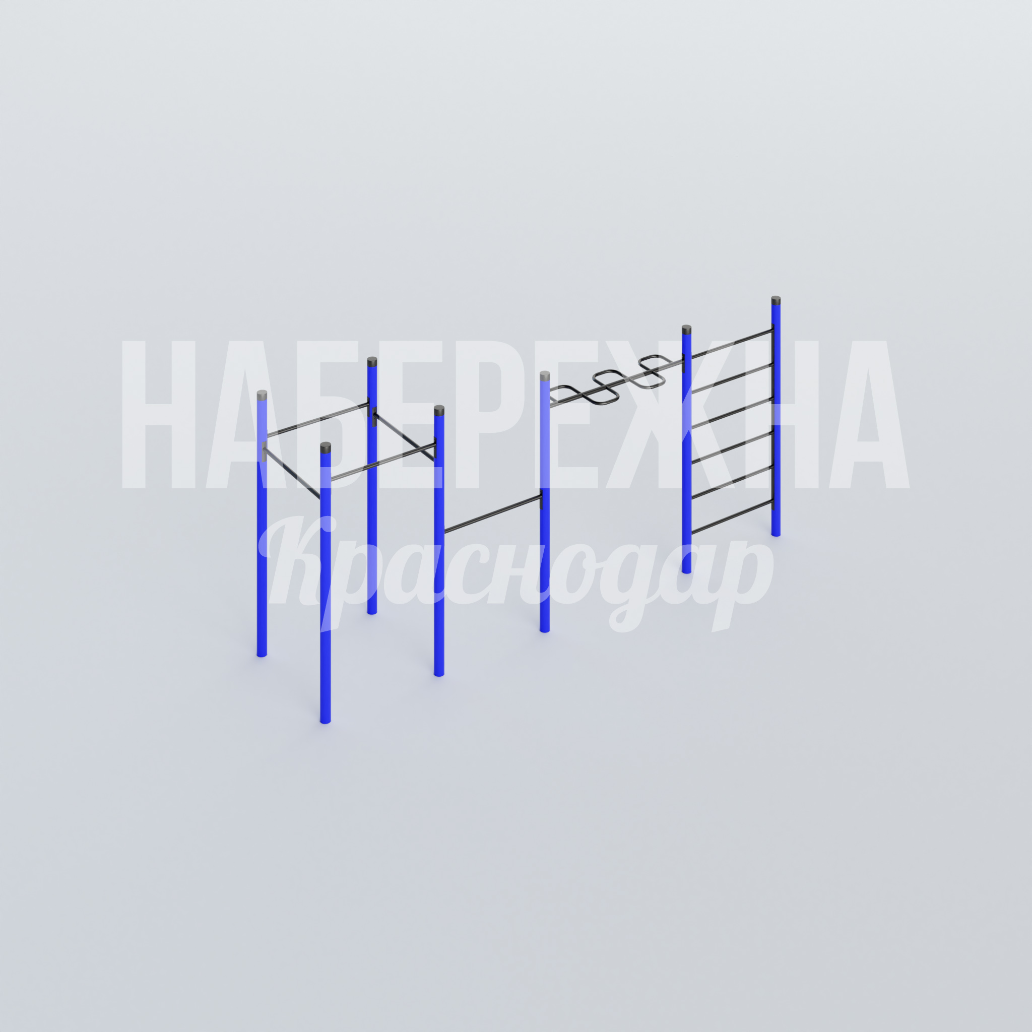 Спортивный комплекс Yavuf 1650x5900x2660 мм. MAF-22.638 Воркаут-комплекс из 8 снарядов для функциональных тренировок с защитой от коррозии и вандалоустойчивым покрытием.
