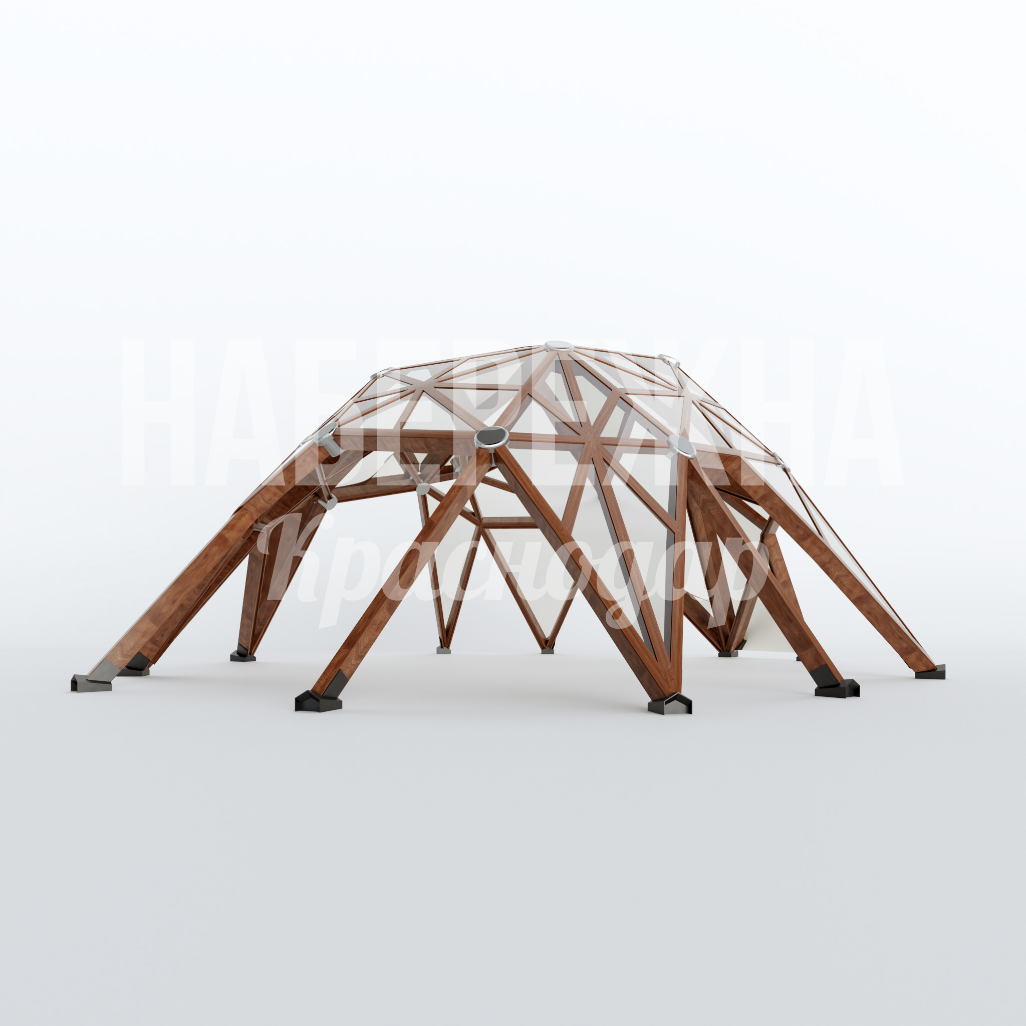 Пергола Curgogbo 9570x9440x4080 мм. MAF-22.648 Пергола с геодезическим куполом из клееного бруса. Площадь покрытия 90 м². Защита от солнца и дождя для зон отдыха.
