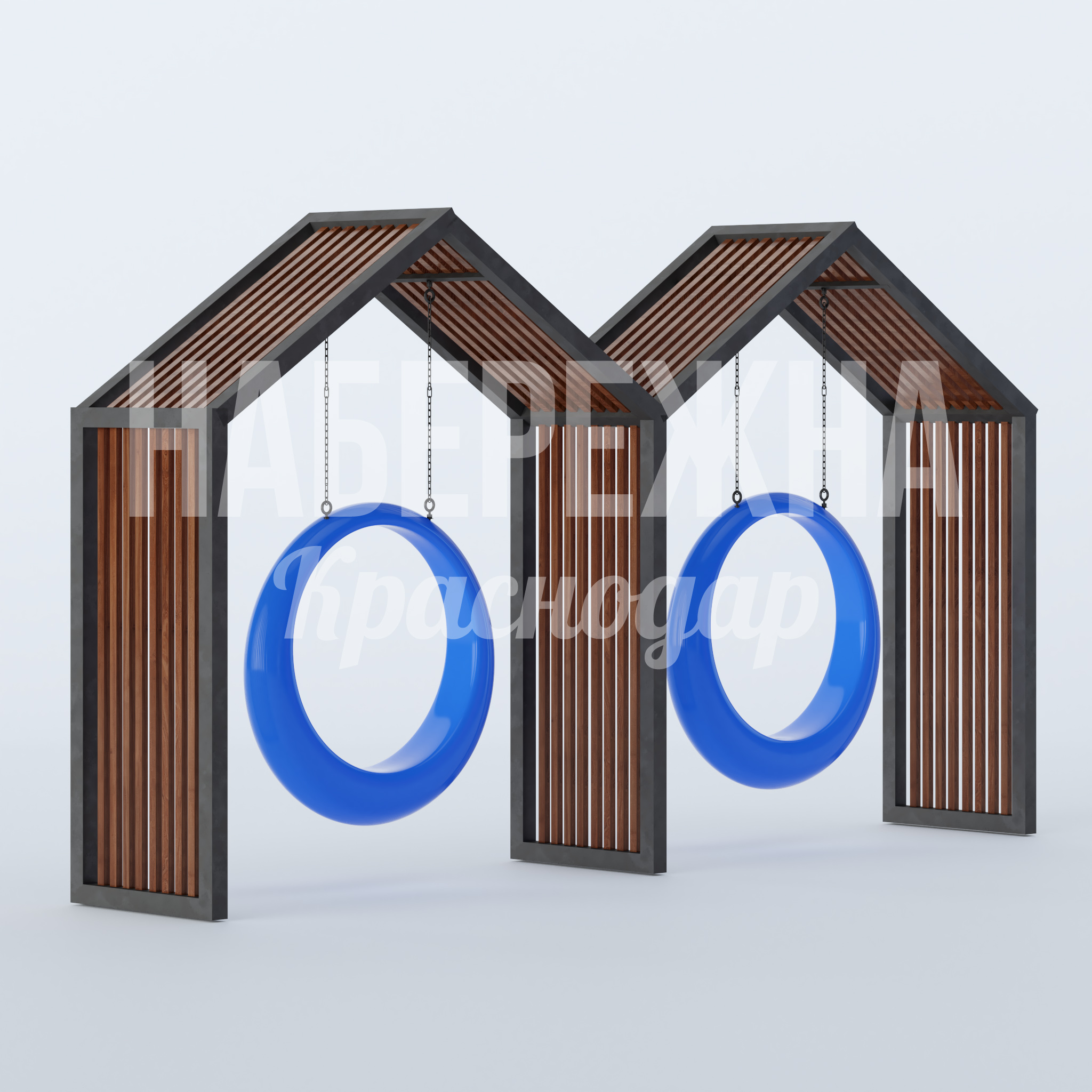 Качели Uik 1000x5700x3200 мм. MAF-22.826 Качели с домиками из реек и цепными подвесами. Два сидения на прочной раме для детских площадок и парков.