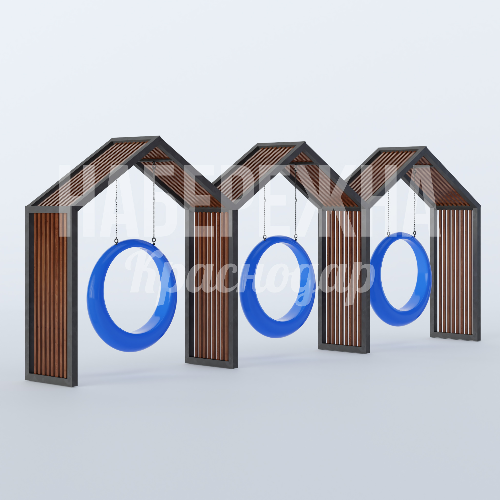 Качели Objilco 1000x8600x3240 мм. MAF-22.827 Качели с тремя сиденьями в архитектурной раме-домике. Комбинированная отделка планкеном для парков и дворов.