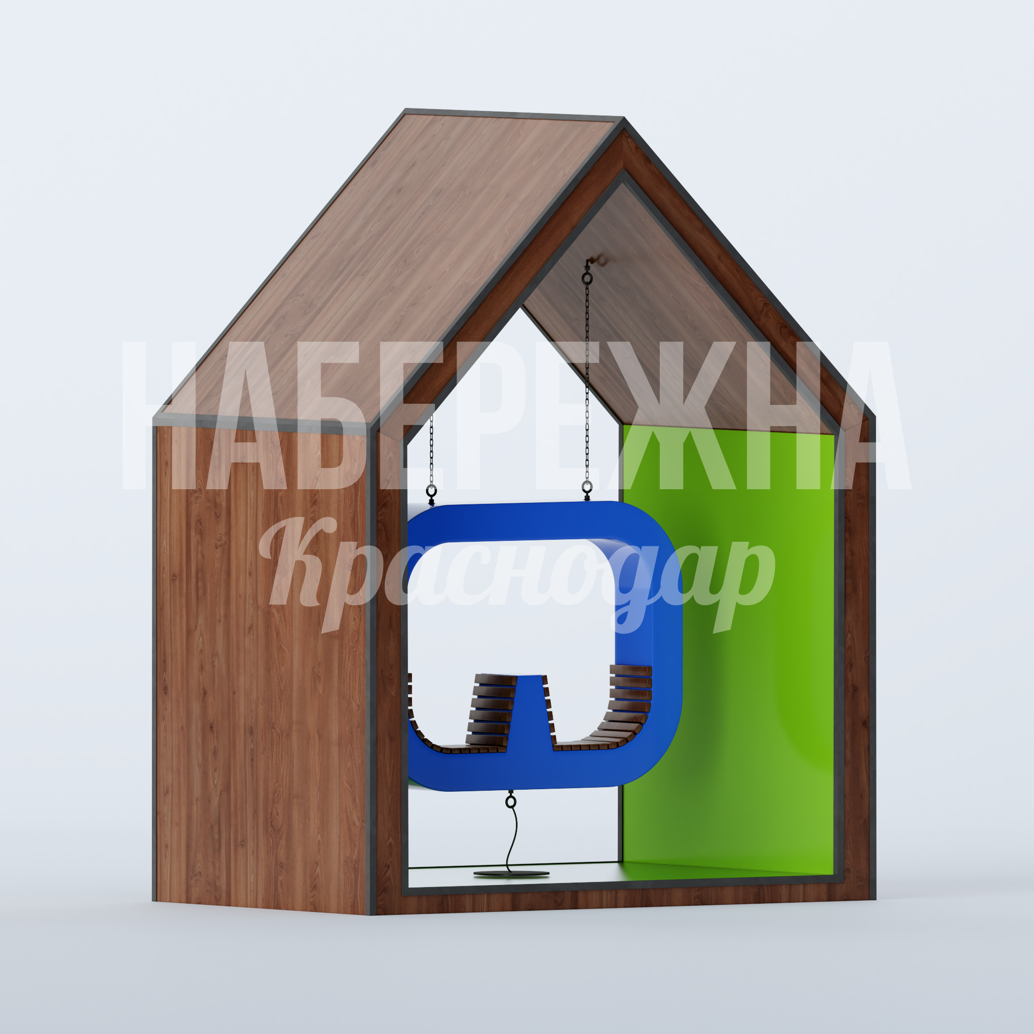 Качели Pobtan 2000x3200x4200 мм. MAF-22.828 Качели с навесом-домиком и двухместным сиденьем. Цепной подвес и защита от дождя. Для детских площадок.