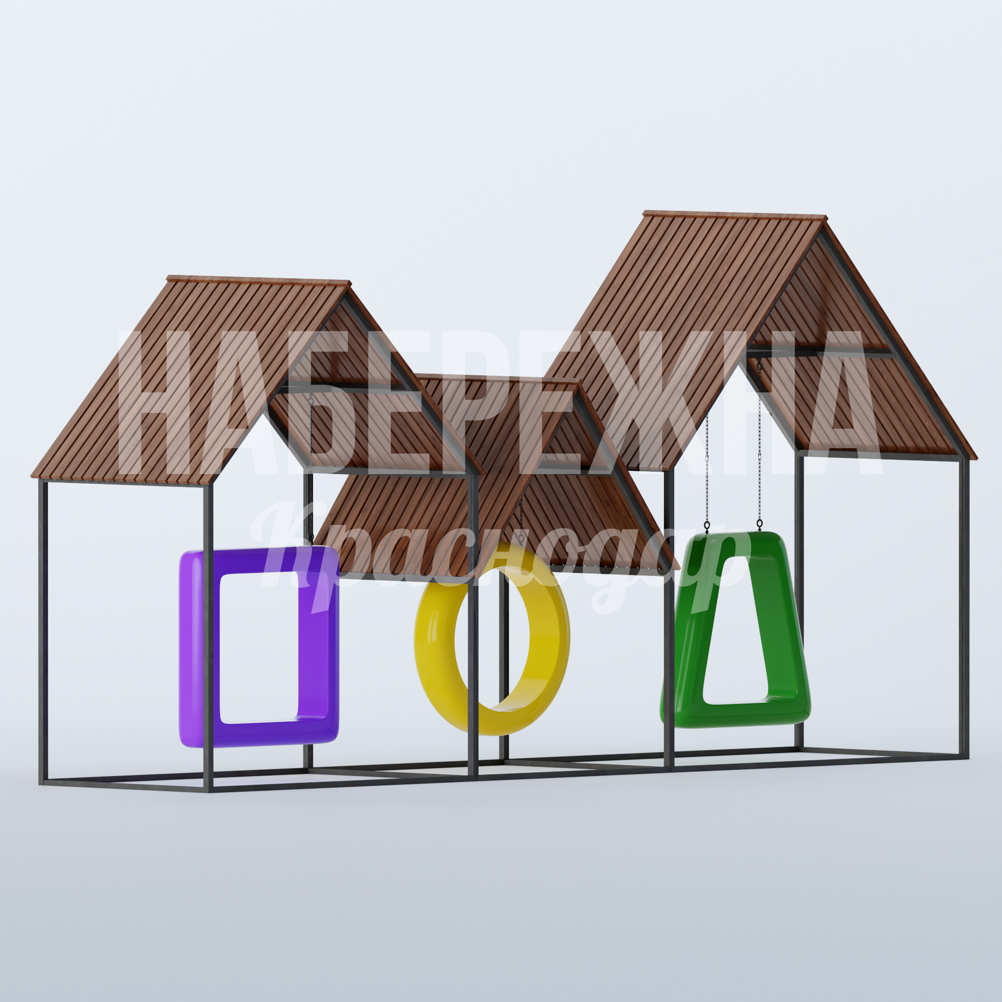 Качели Lotcoble 2100x8750x4500 мм. MAF-22.835 Качели с тремя сидениями и деревянными навесами. Яркие цветные сиденья из стеклопластика. Для детских площадок.