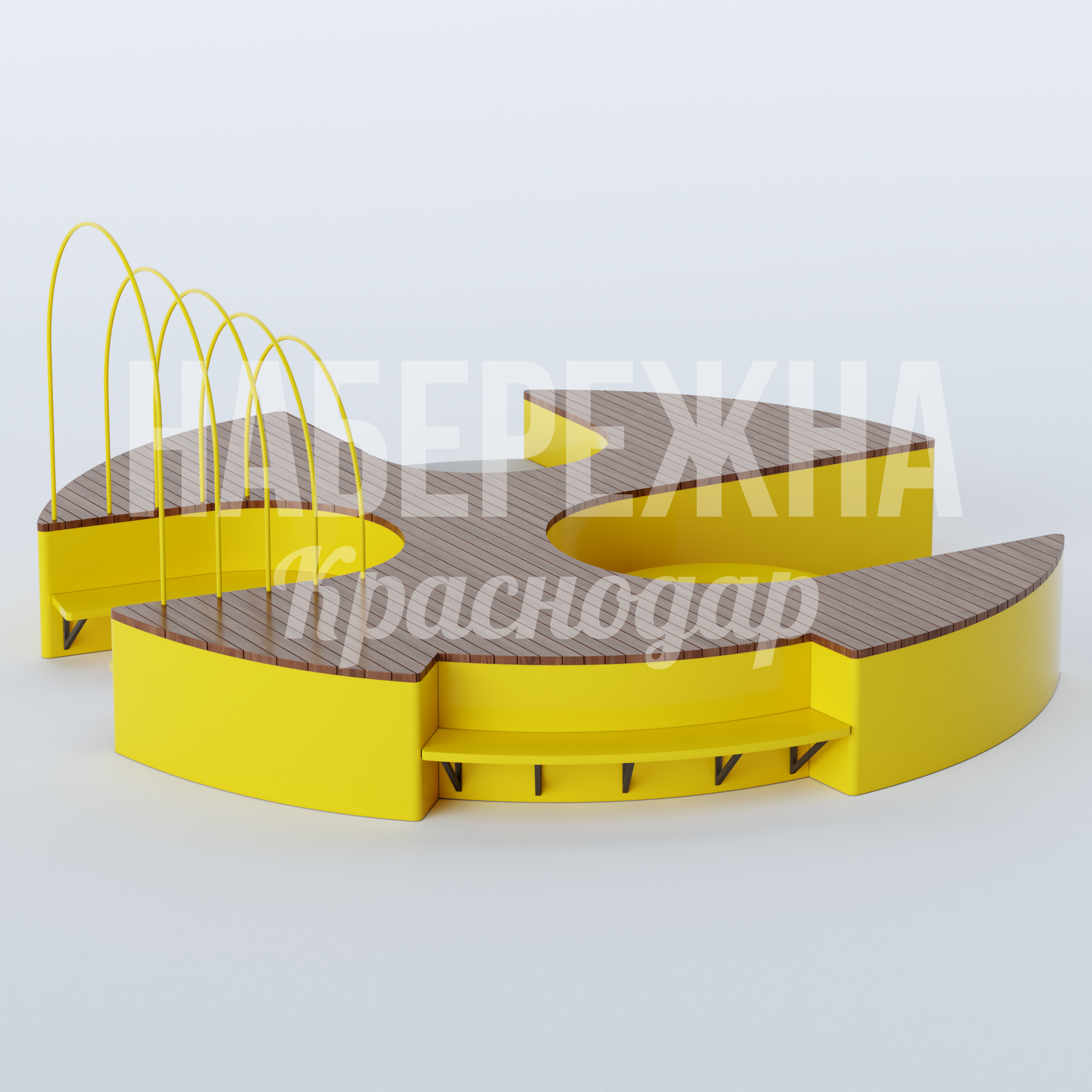 Модуль Coefhi 6500x6180x2850 мм. MAF-22.880 Модульная зона отдыха с арочными водными элементами, древесным настилом и встроенными скамейками для парков.