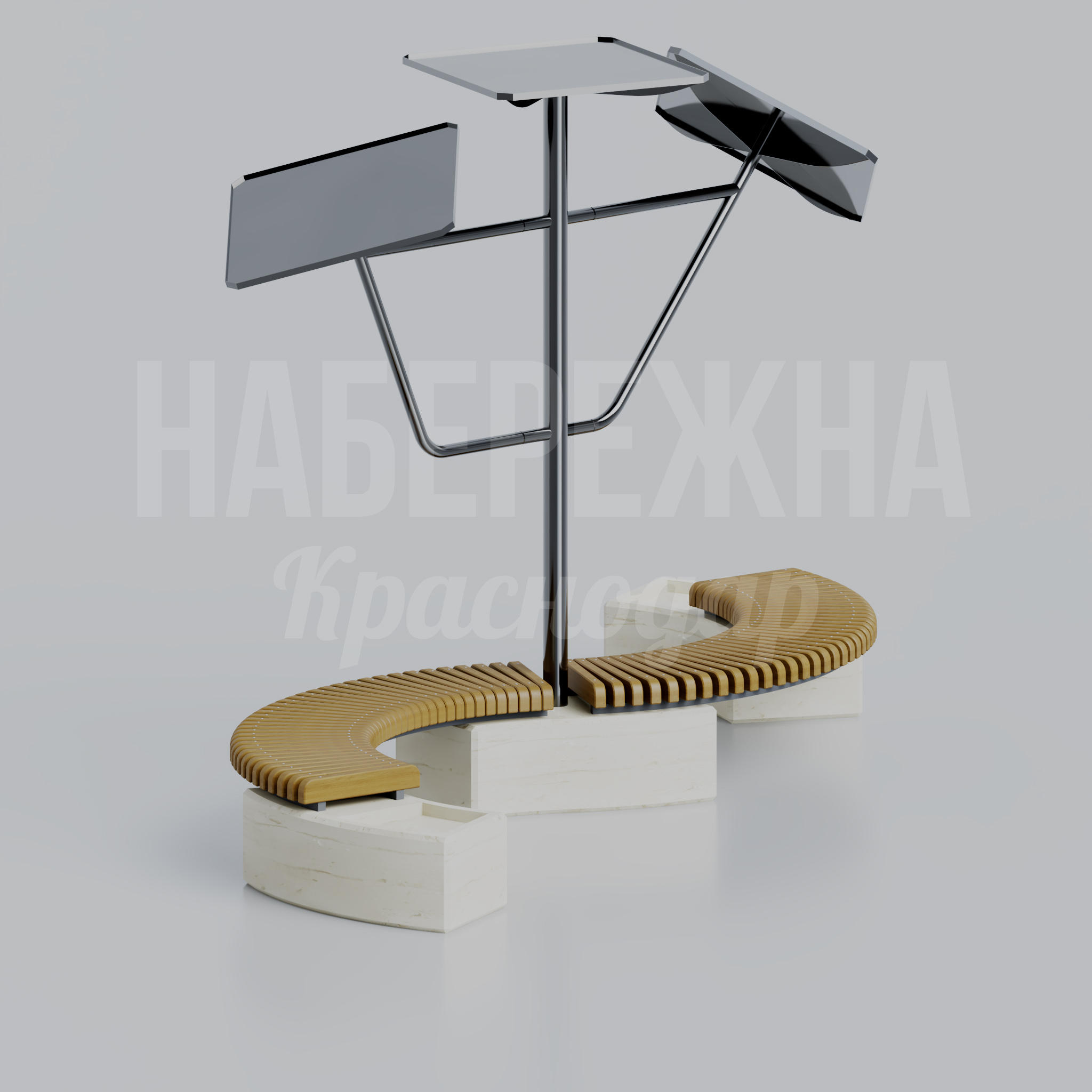 Парклет Onge 2200x5300x3100 мм. MAF-23.137 Парклет с деревянными сиденьями и металлическим навесом. Создаёт зону отдыха в городской среде, привлекает посетителей.
