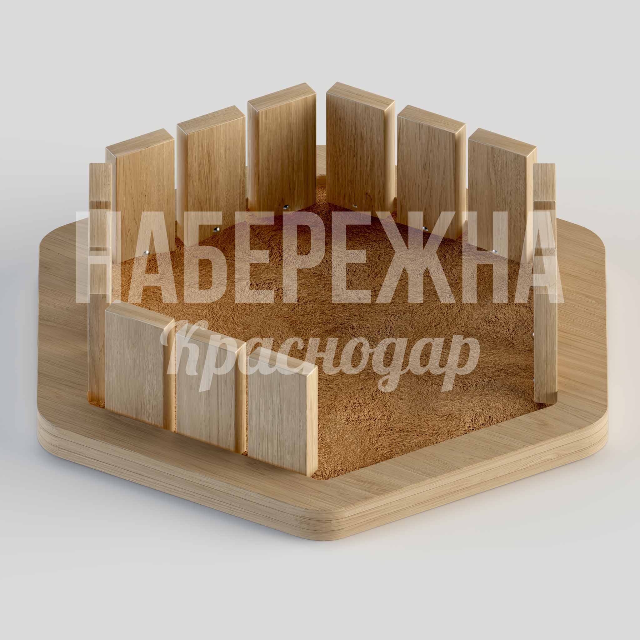 Песочница Ecöej — купить, MAF-23.171 | Набережна Песочница Ecöej 3680x4150x920 мм. MAF-23.171 Песочница с вертикальными панелями-ограждением, вместимостью до 15 детей, для организации игровых зон в парках и ЖК.
