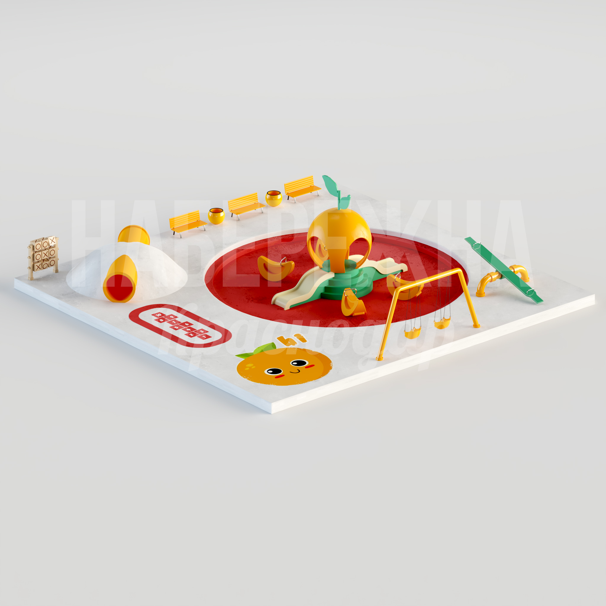 Игровой комплекс Döoljos 17250x16700x4500 мм. MAF-24.004 Игровой комплекс с горкой, качелями и песочницей для детских площадок. Развивает моторику и координацию.