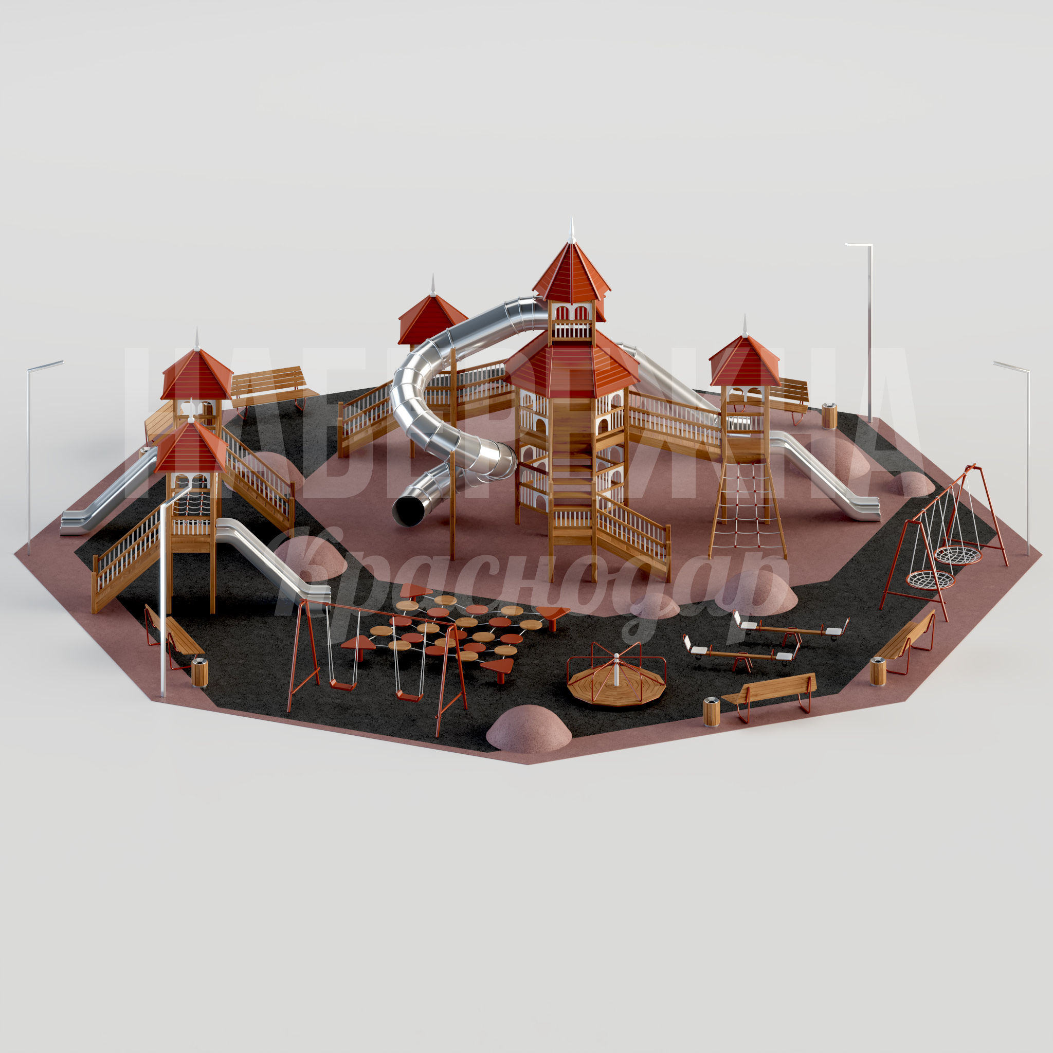 Игровой комплекс Dukpeb 21500x21500x6500 мм. MAF-24.005 Игровой комплекс с башнями, горками и трубой-лазом. Вмещает до 50 детей одновременно. Выдерживает нагрузки 15 лет.