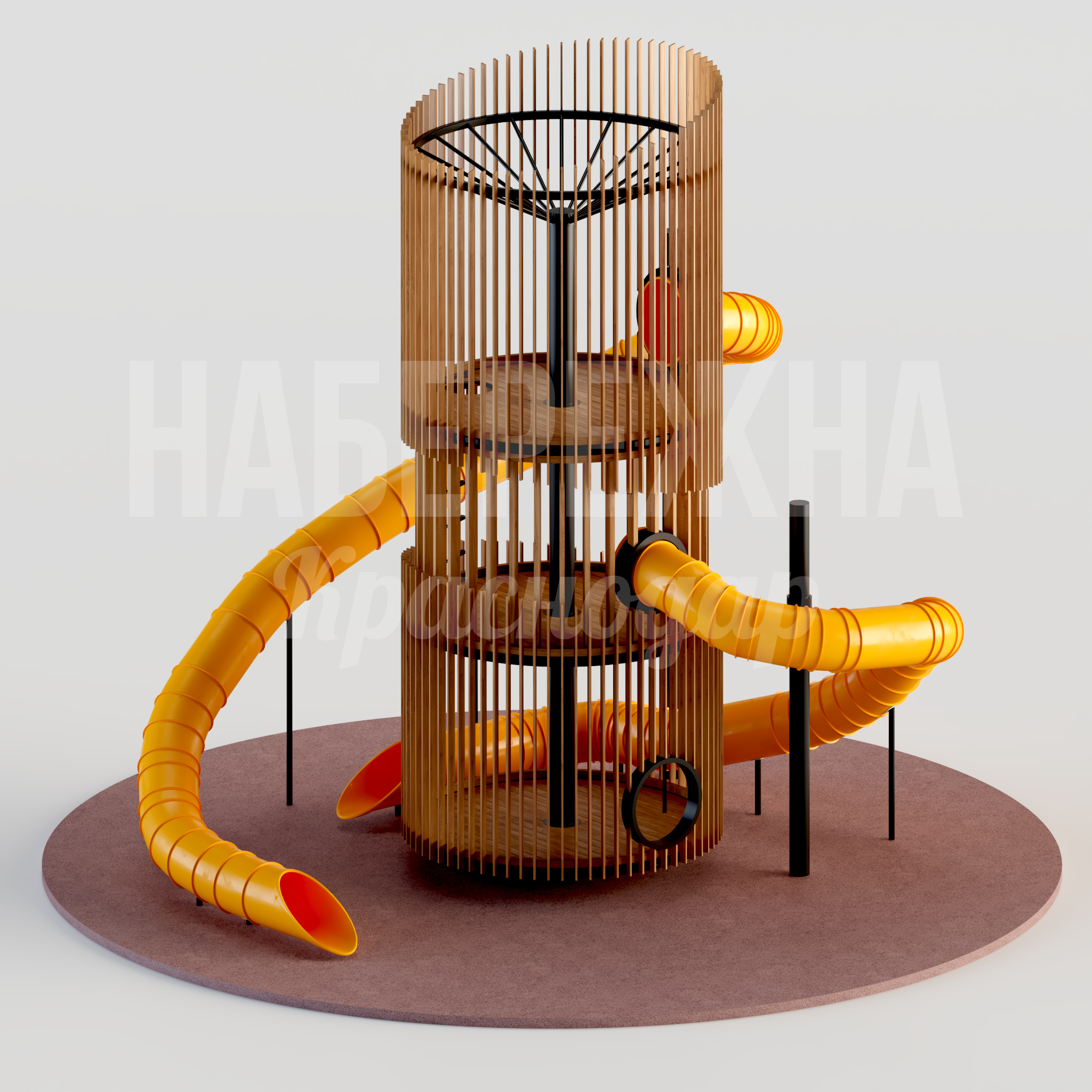 Горка Ahbe 10000x10000x8000 мм. MAF-24.008 Детская горка с трёхуровневой башней, двумя трубчатыми спусками и деревянной отделкой для активного отдыха детей.