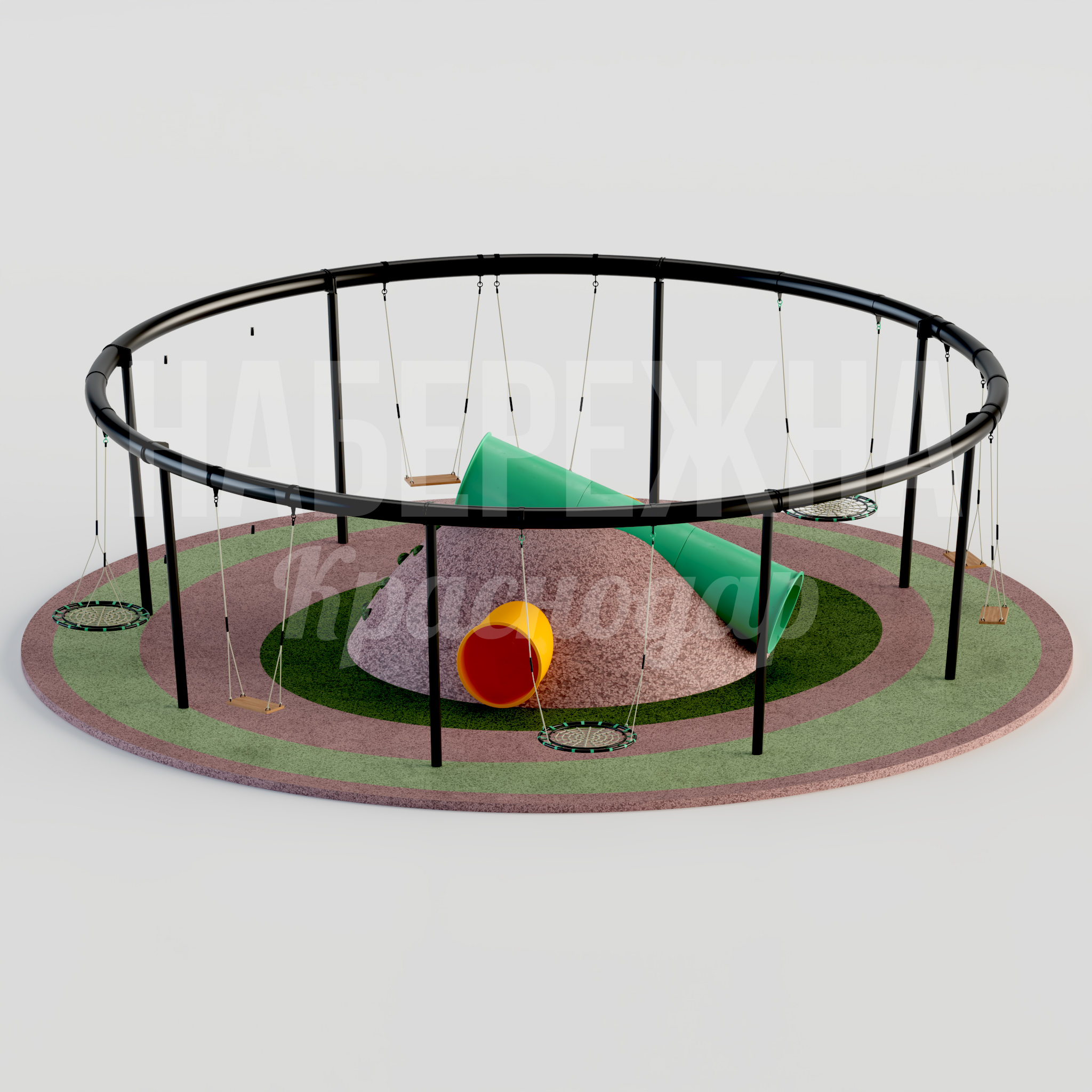 Качели с горкой Onpodge 10000x10000x2700 мм. MAF-24.009 Игровой комплекс с круговыми качелями, горкой и туннелем для одновременного использования несколькими детьми.