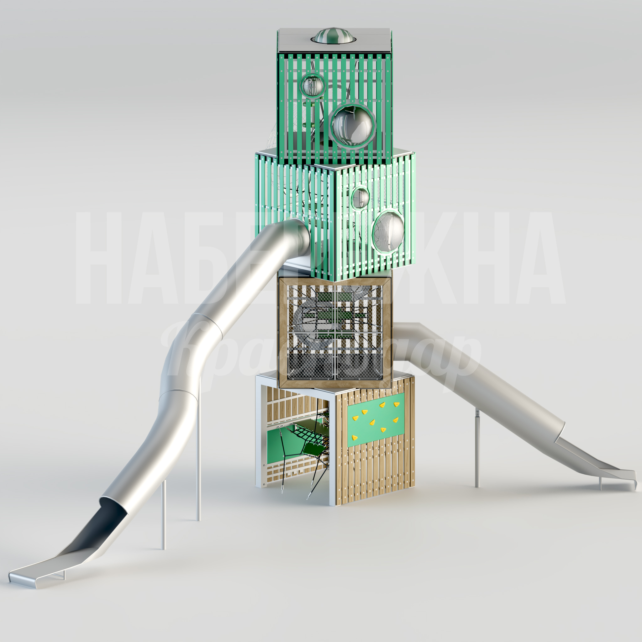 Детская горка Vusdå 10000x12300x9200 мм. MAF-24.016 Детская горка башенного типа с трубчатыми спусками и игровыми модулями для активного отдыха детей в парках.