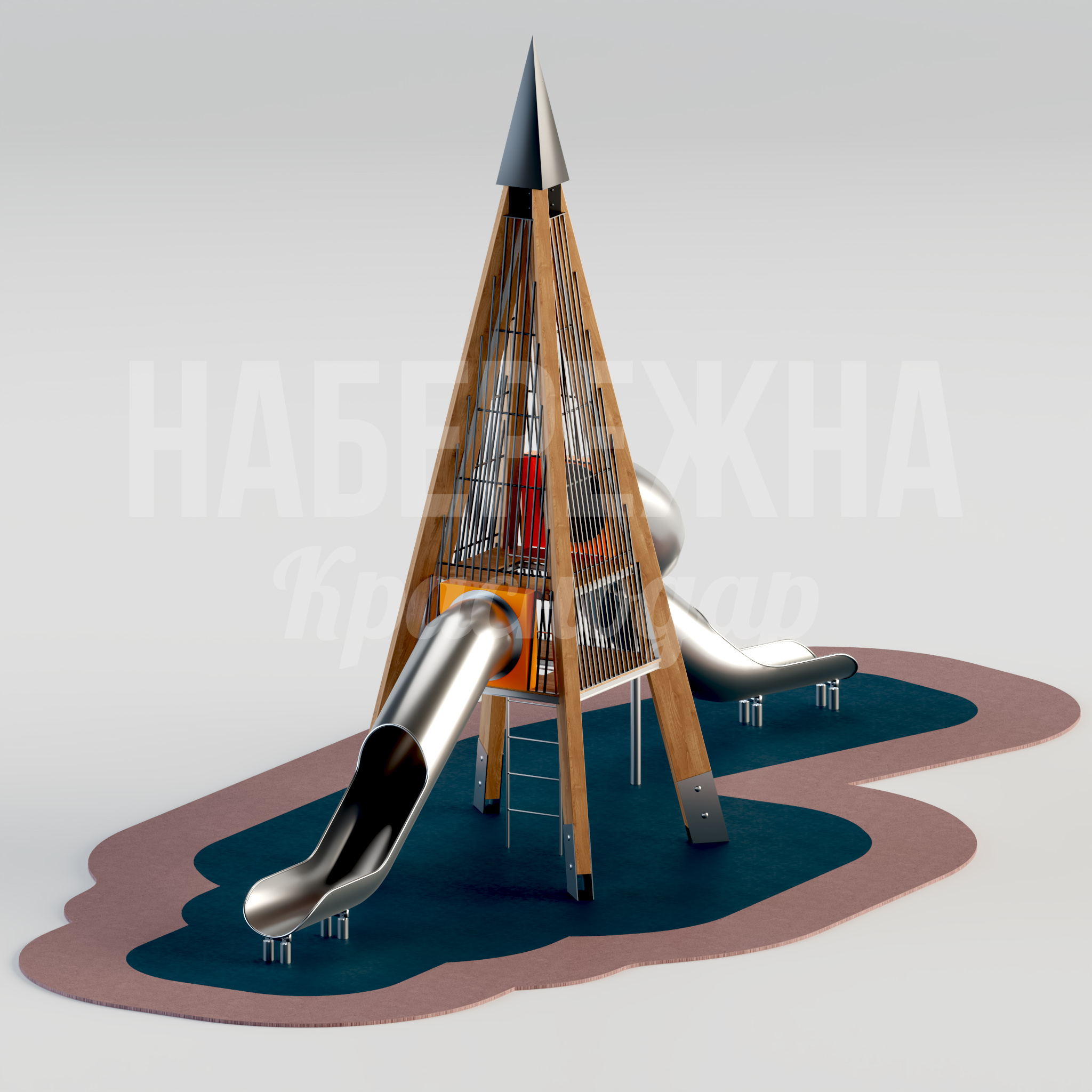 Горка Listår — купить, MAF-24.017 | Набережна Горка Listår 7600x15600x8100 мм. MAF-24.017 Детская горка с трубчатой горкой из нержавеющей стали, канатным лазанием и башней-ракетой для активных игр.