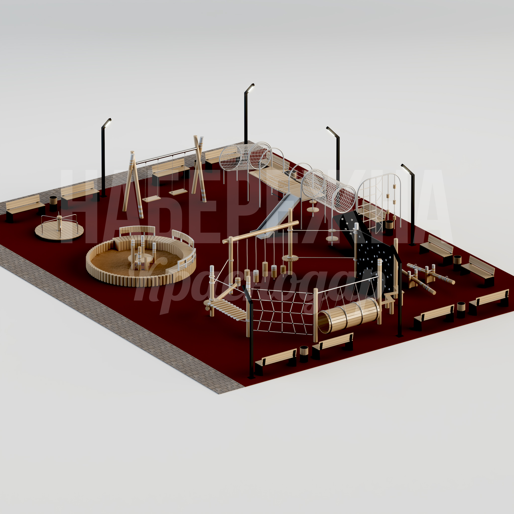 Игровой комплекс Jembesgu 16200x21000x3600 мм. MAF-24.032 Игровой комплекс с горкой, лазами и качелями. Развивает координацию и физическую активность детей разных возрастов.