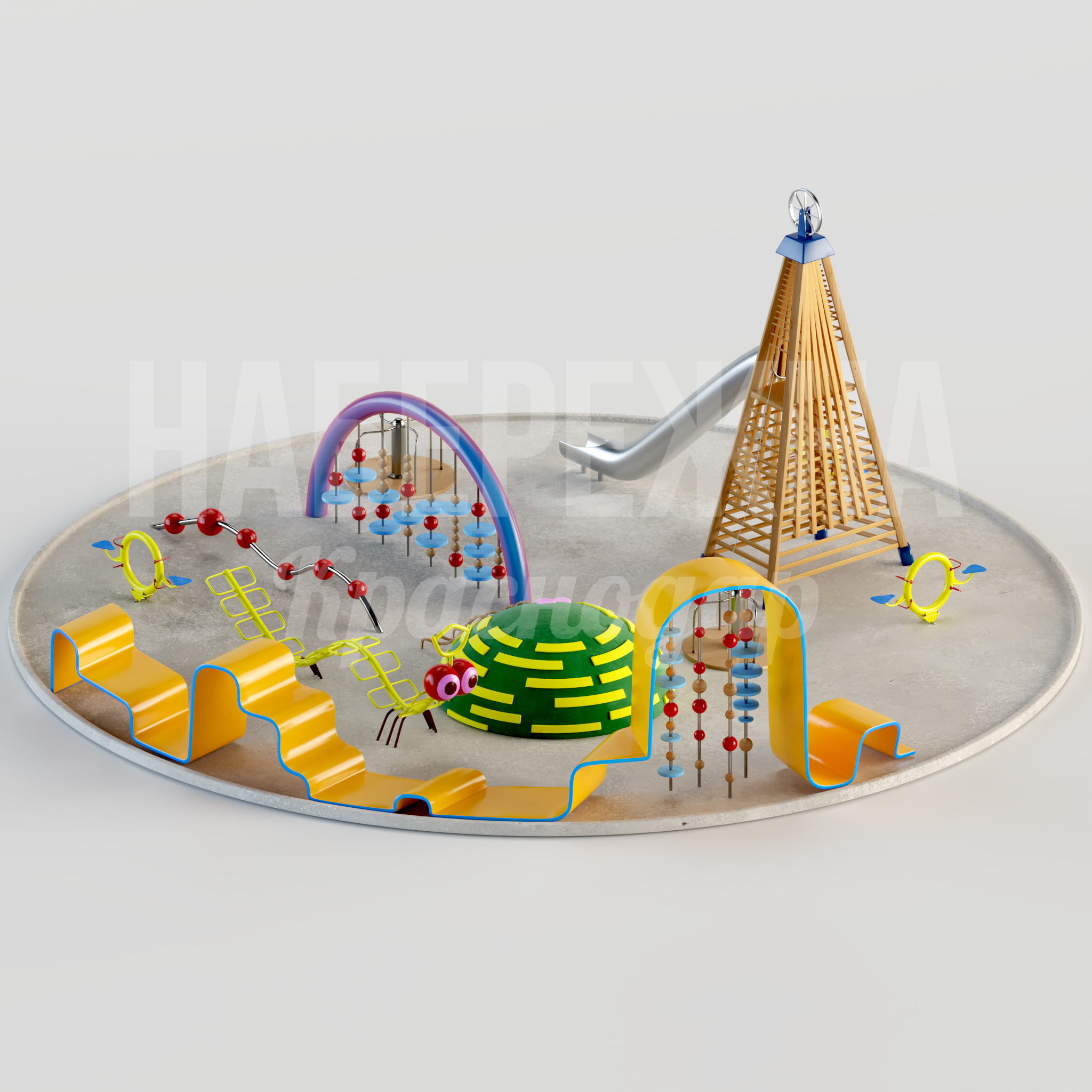 Игровой комплекс Åhedai 13000x13000x3800 мм. MAF-24.033 Игровой комплекс для детских площадок с горкой, лабиринтами и лазалками. Развивает координацию и моторику.