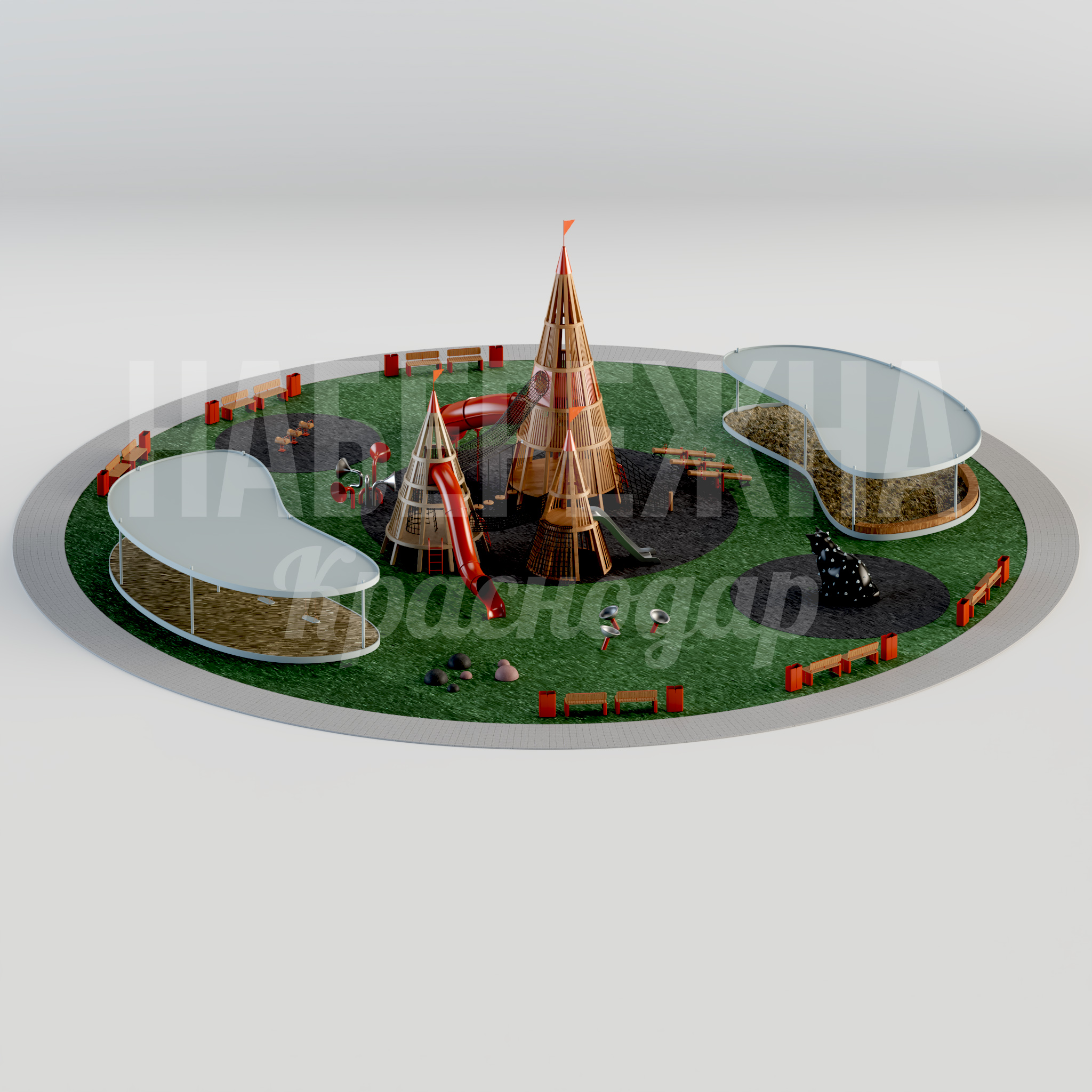 Игровой комплекс Tonov 41800x41800x11650 мм. MAF-24.036 Игровой комплекс с высотной башней, горкой и навесами. Безопасное покрытие, устойчив к нагрузкам и погодным условиям.