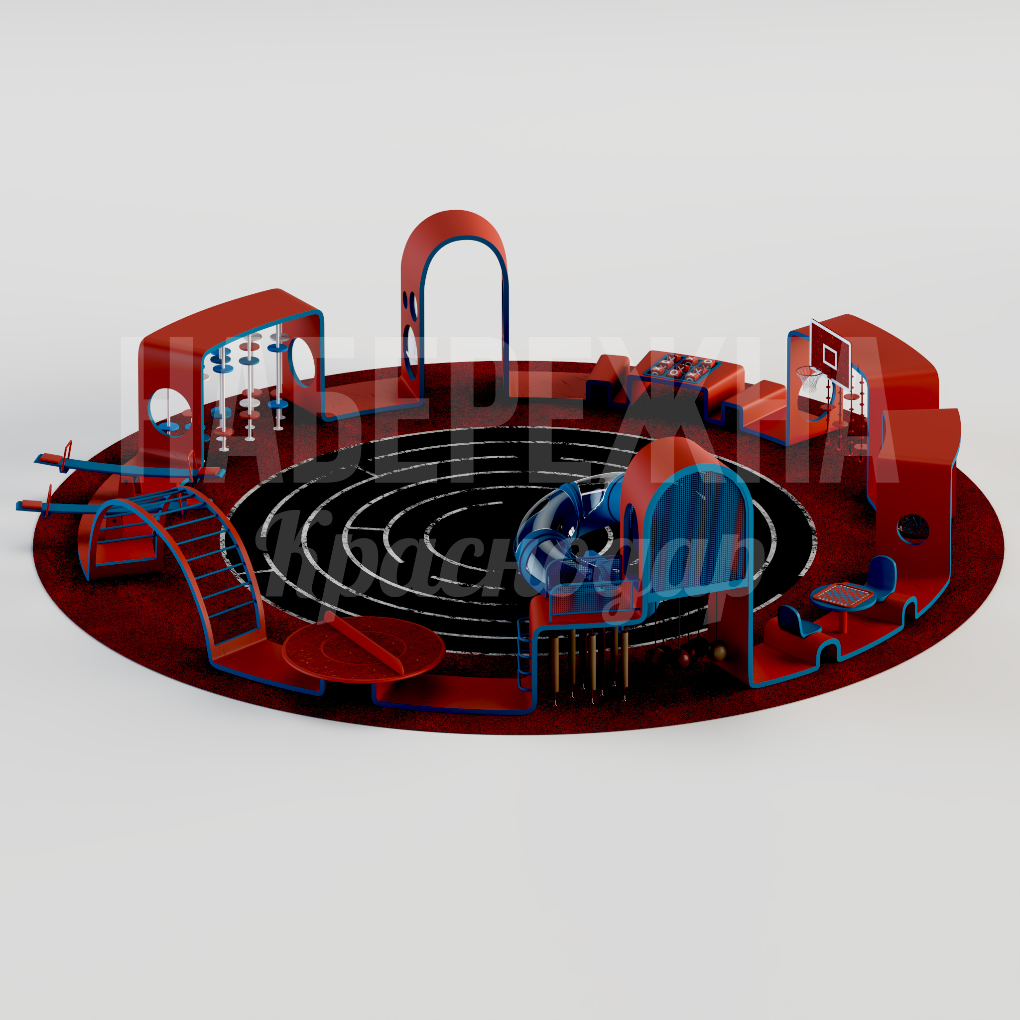 Игровой комплекс Yöikto 21450x21800x5300 мм. MAF-24.043 Игровой комплекс с горками, лазалками и спортивными элементами для развития детей разных возрастов на открытых площадках.