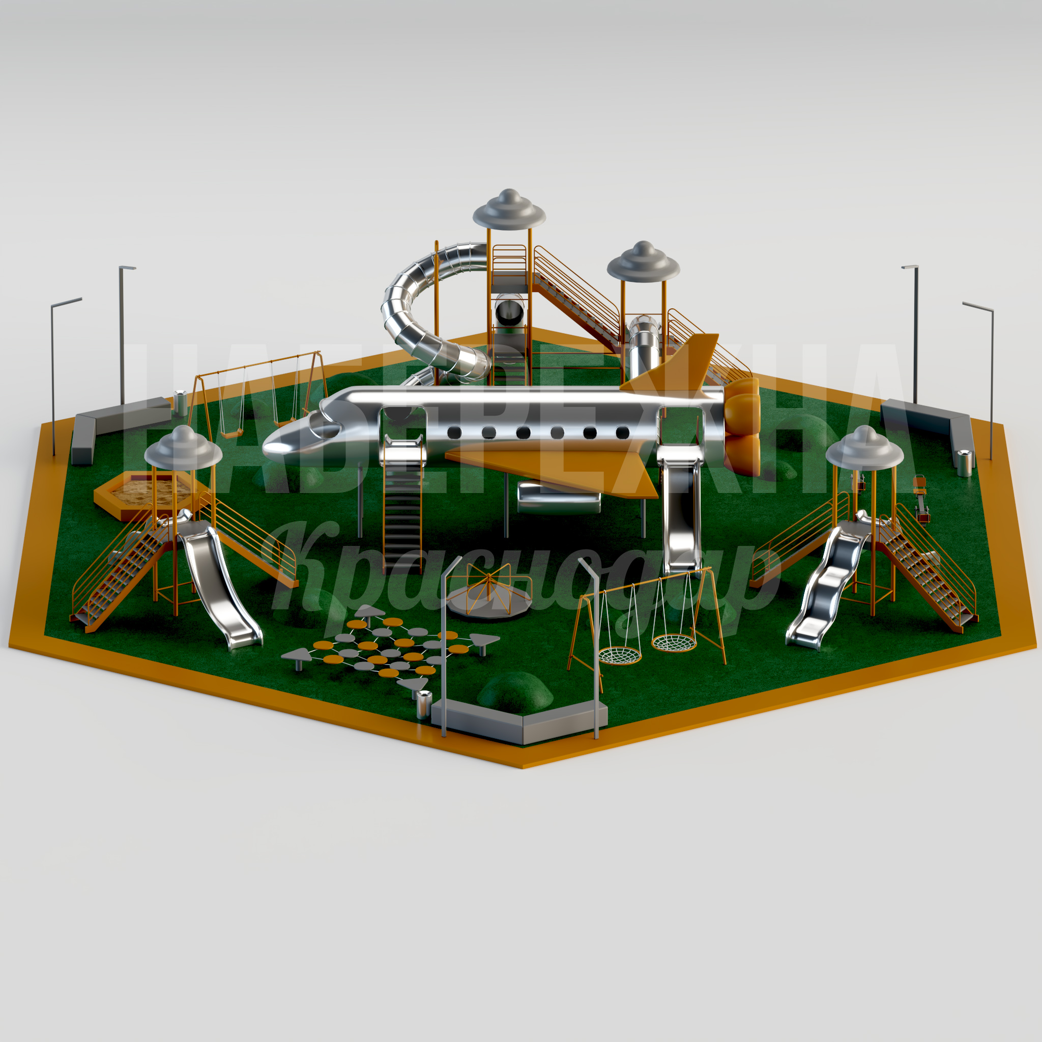 Игровой комплекс Moonke 27000x23300x5800 мм. MAF-24.047 Игровой комплекс с туннельной горкой, качелями и лазалками. Многоуровневая конструкция для детей разного возраста.