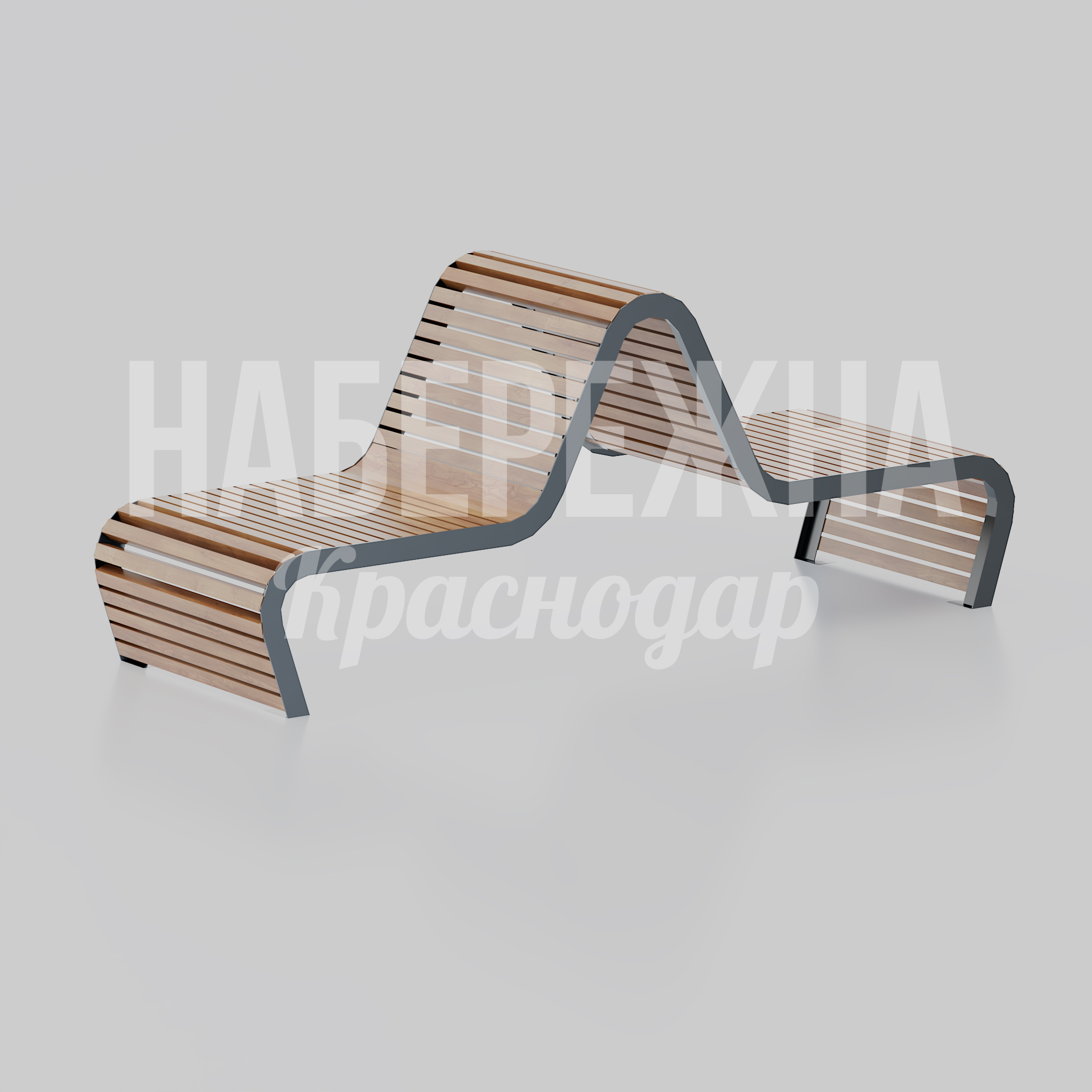 Скамейка Pukfed 900x2750x1100 мм. MAF-26.027 Скамейка с волнообразным каркасом и деревянными планками. Три посадочных места, высокая спинка для комфортного отдыха.