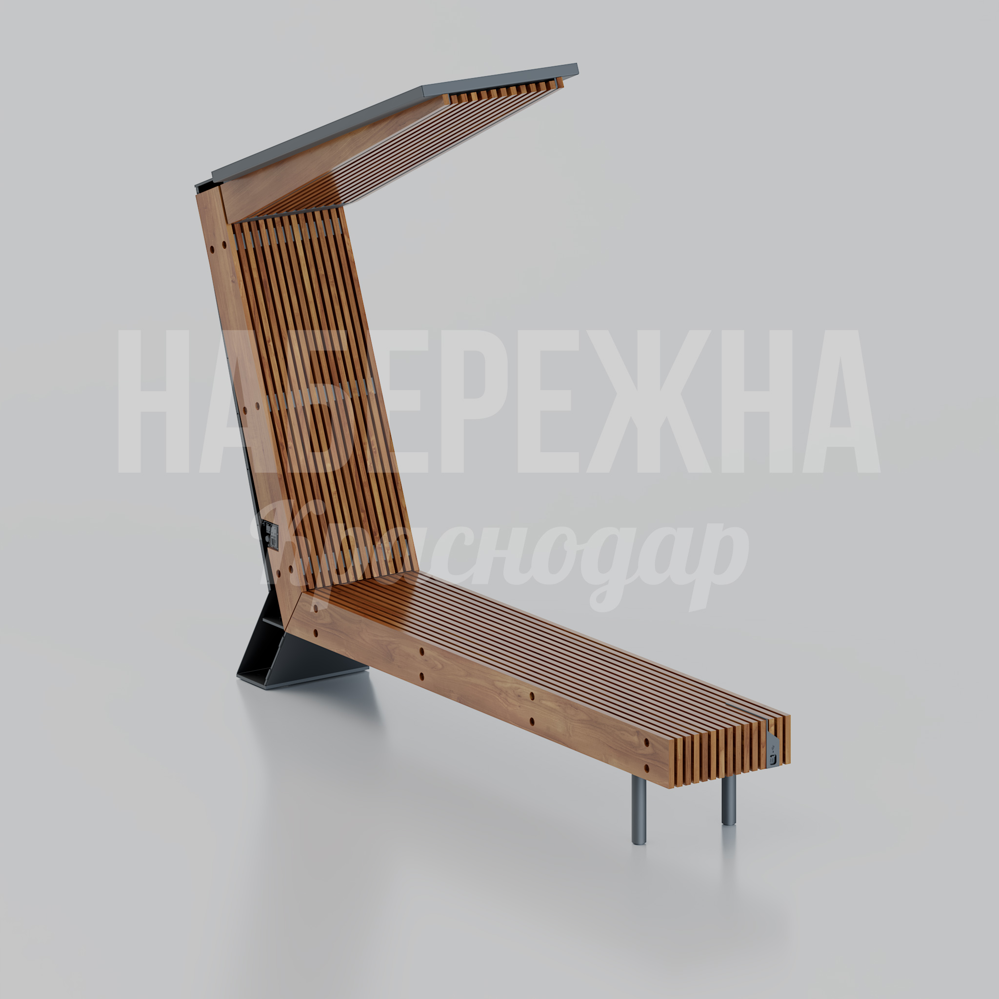 Лавочка Ereif 550x3000x450 мм. MAF-25.130 Лавочка с ламелями из древесины и металлокаркасом. Эргономичная форма для зон отдыха и набережных.