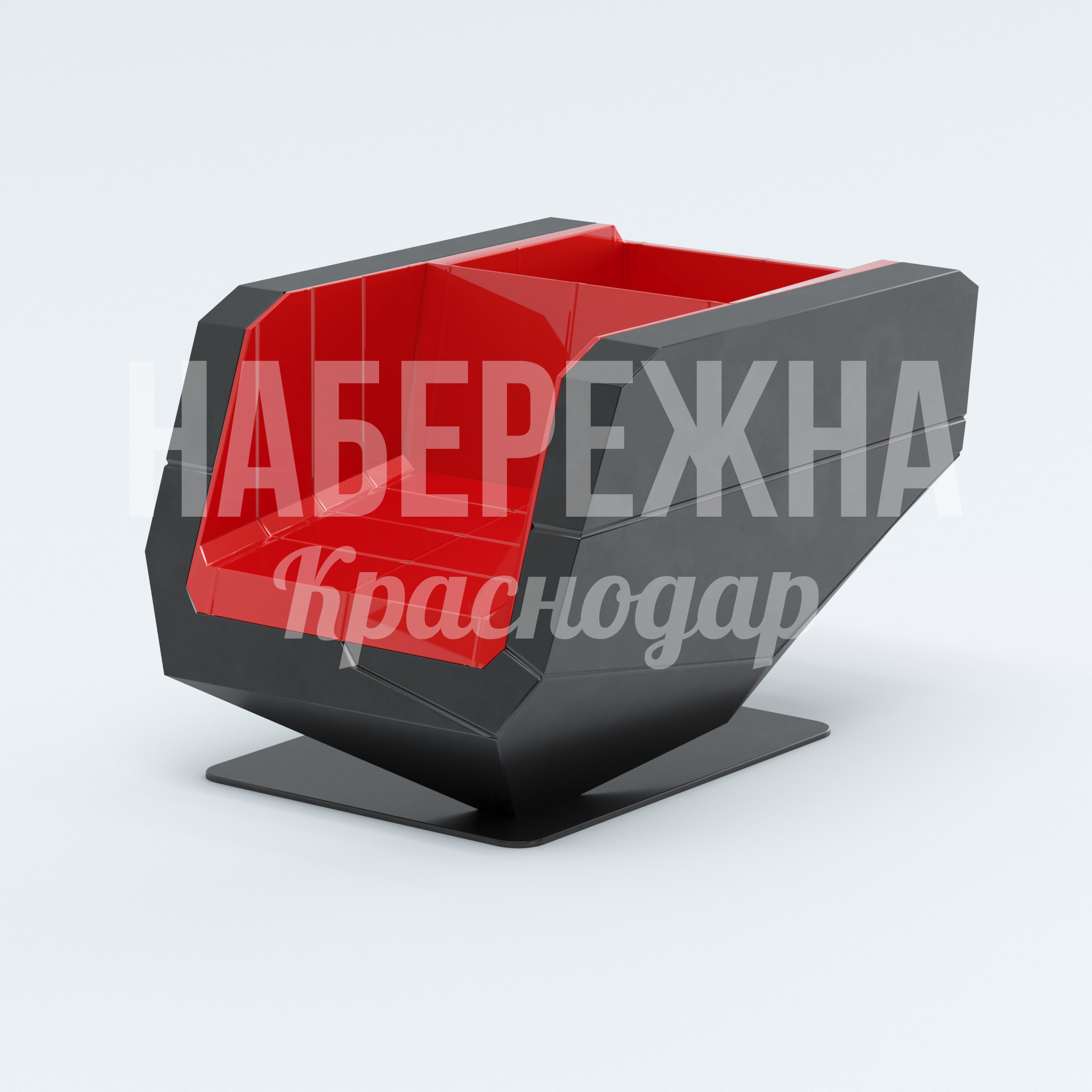 Кресло Maru Köulnu 800x1120x700 мм. SYN-22.004 Кресло с граненым дизайном и контрастной красной вставкой. Усиленная рама на опорной платформе для парков и скверов.