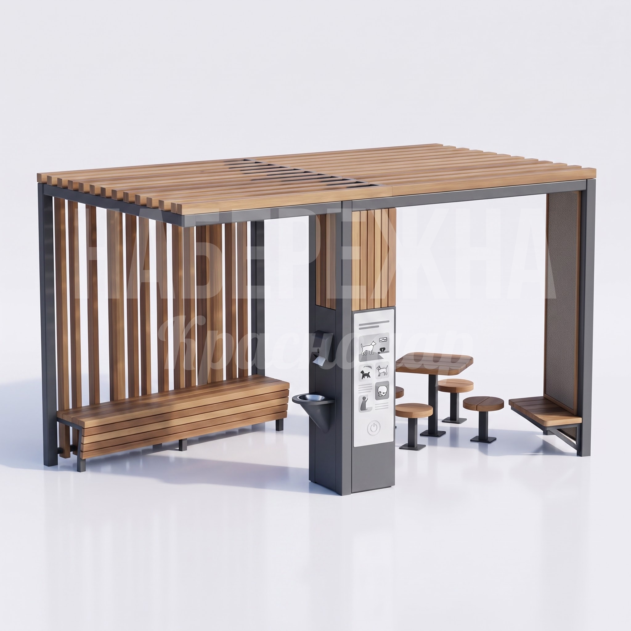 Крытая зона отдыха с перголой, скамьёй, столиками с табуретами, поилкой, диспенсером пакетов и информационной панелью для площадки выгула собак Крытая зона отдыха с перголой, скамьёй, столиками с табуретами, поилкой, диспенсером пакетов и информационной панелью для площадки выгула собак